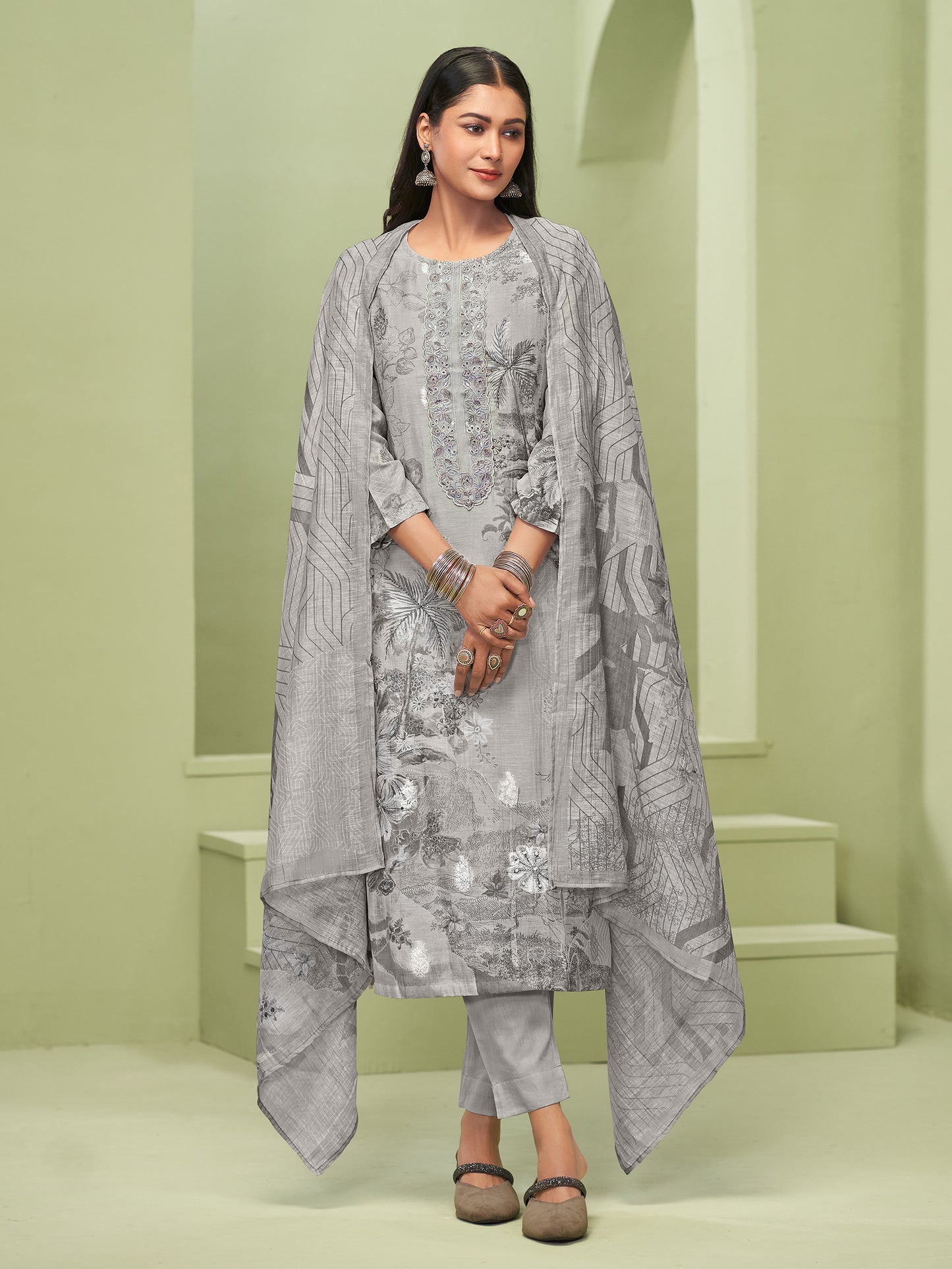 TRIPTI CHARCOL GREY Pure Linen Jaquard Suit Set with Eligant Fancy Handwork
