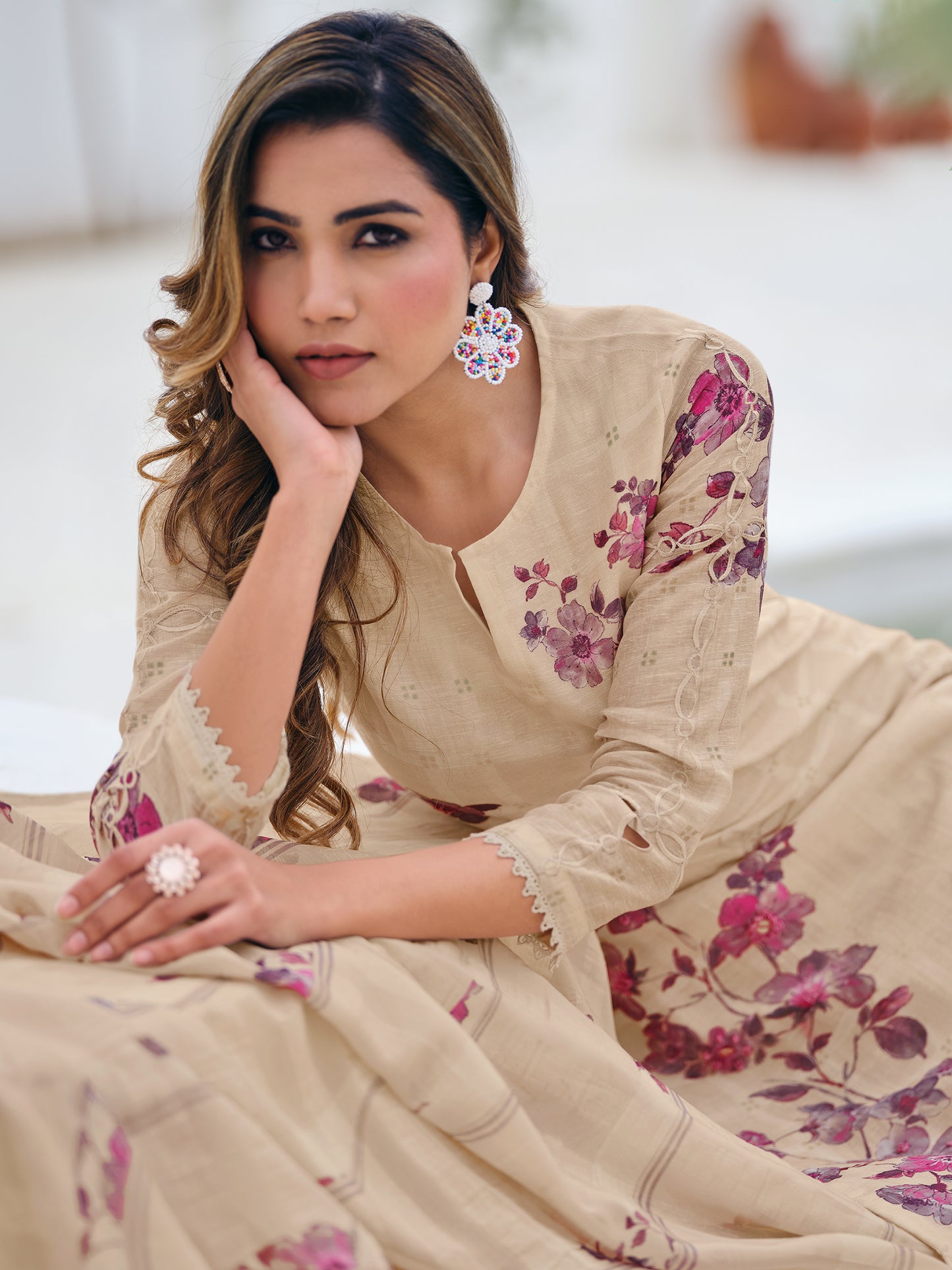 ZAINY SOFT LIGHT BEIGE Pure Linen Ensemble Unstitched Set with Signature Embroidery, Cutwork & Handwork