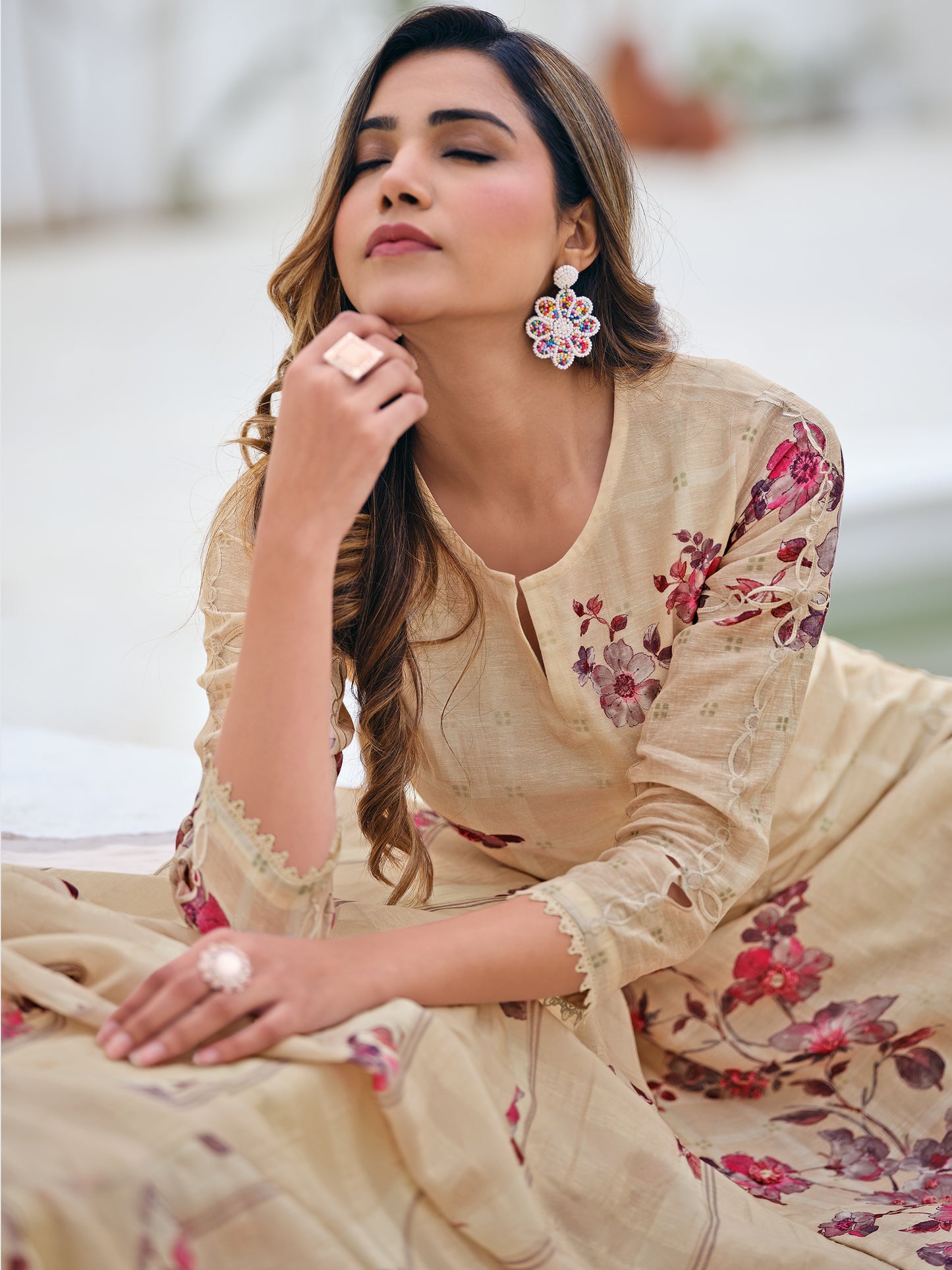 ZAINY SOFT LIGHT BEIGE Pure Linen Ensemble Unstitched Set with Signature Embroidery, Cutwork & Handwork