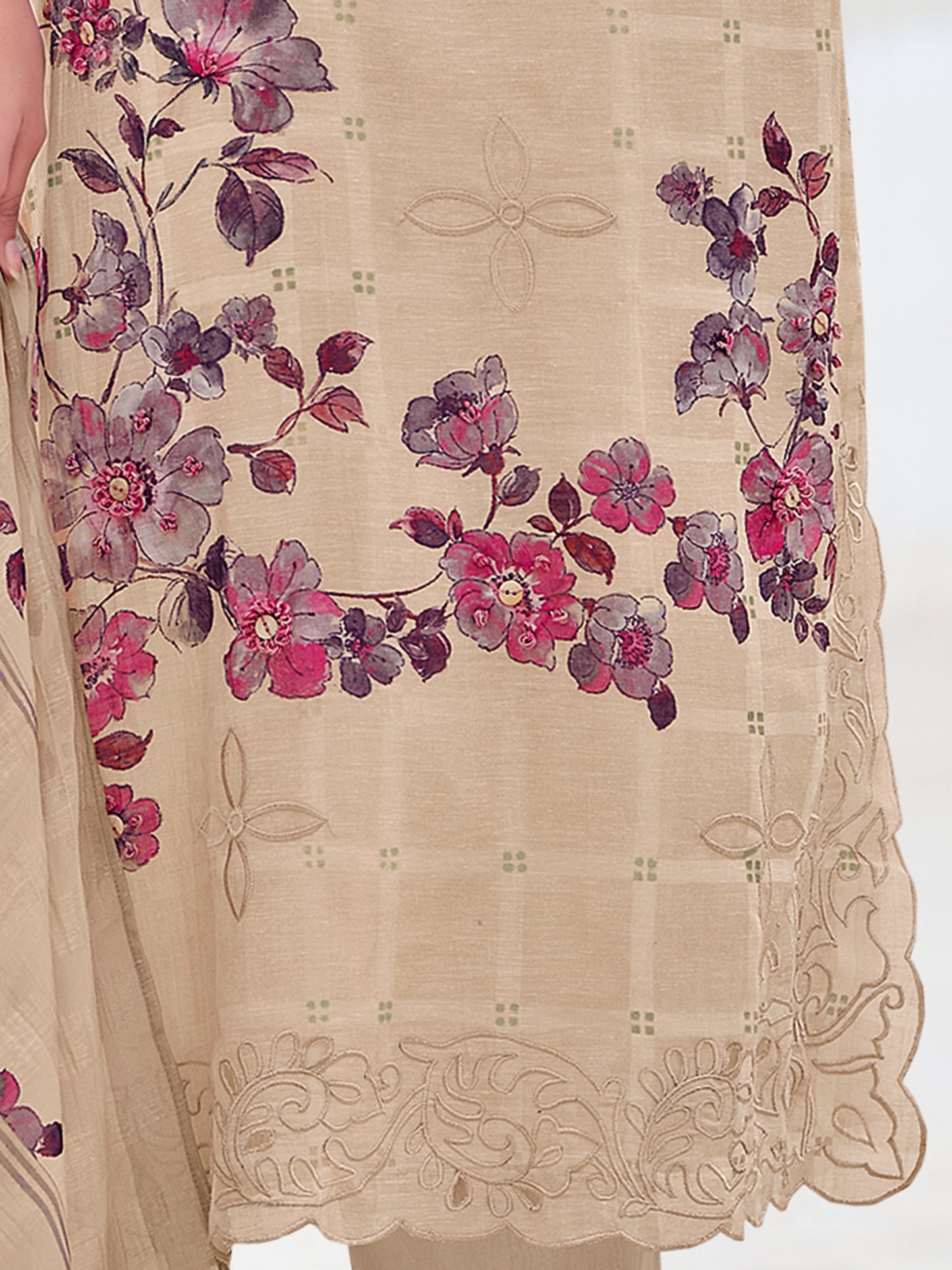 ZAINY SOFT LIGHT BEIGE Pure Linen Ensemble Unstitched Set with Signature Embroidery, Cutwork & Handwork