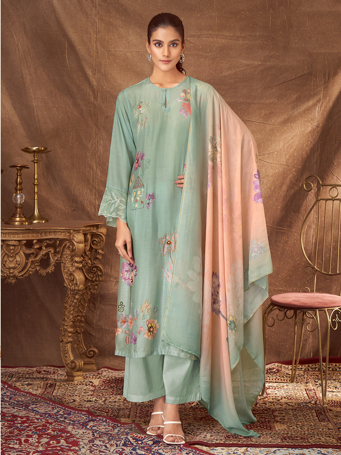 SHOPIA Rama Green - Muslin Unstitched Set With Fancy Handwork &Embroidery Or Threadle