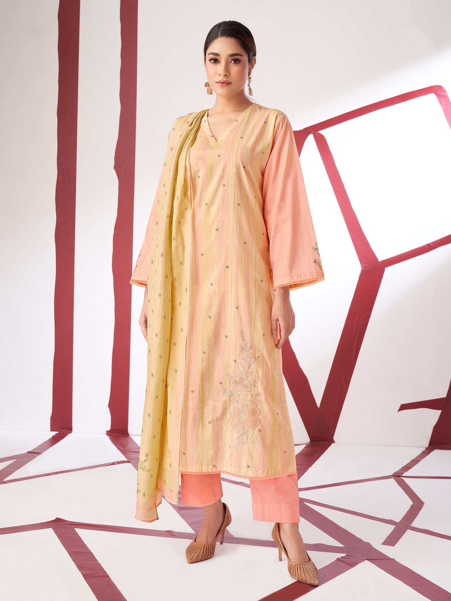 KSHITIJ RUST Luxe Pure Cotton Unstitched Set with Exquisite Embroidery