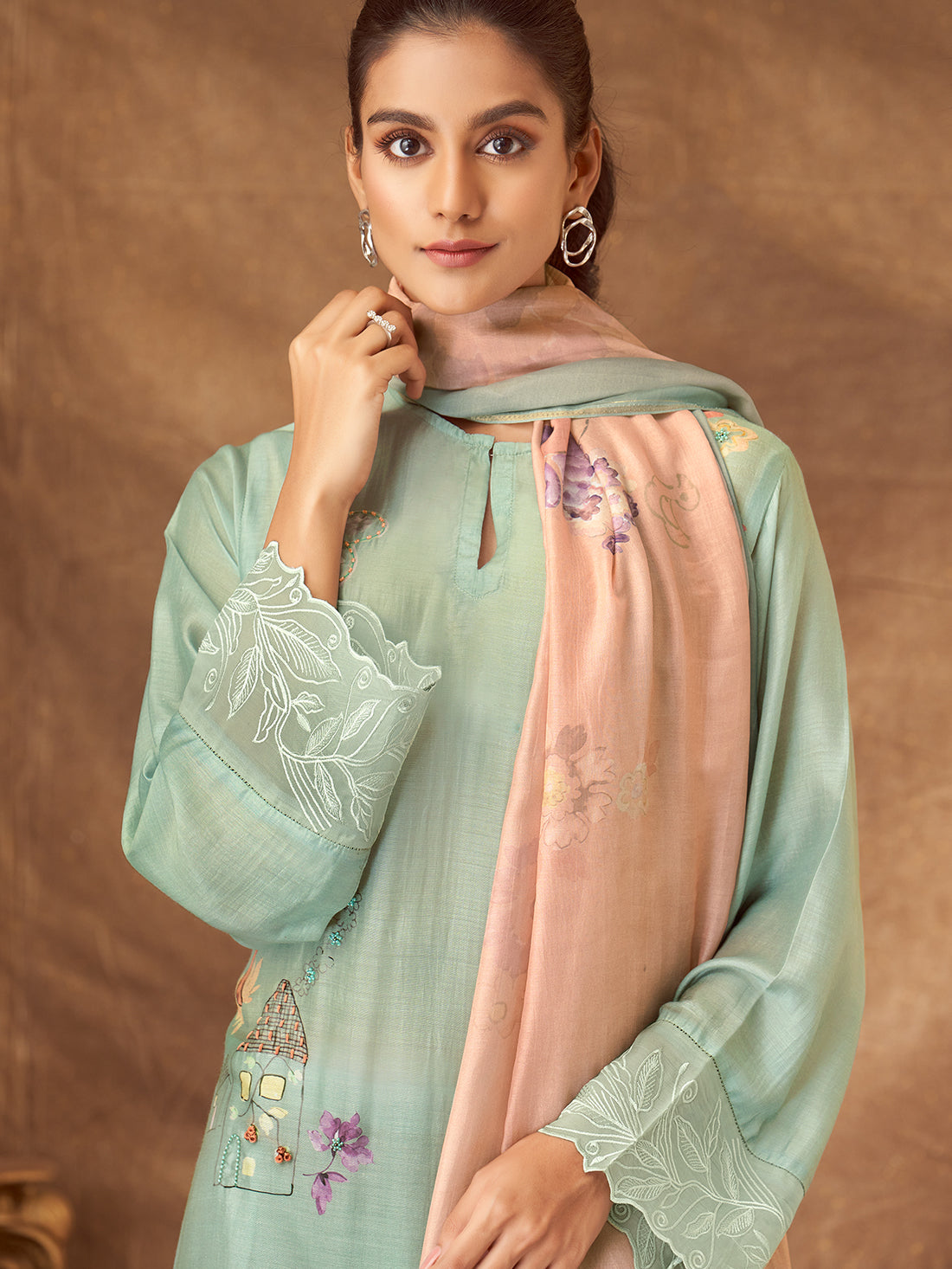 SHOPIA Rama Green - Muslin Unstitched Set With Fancy Handwork &Embroidery Or Threadle