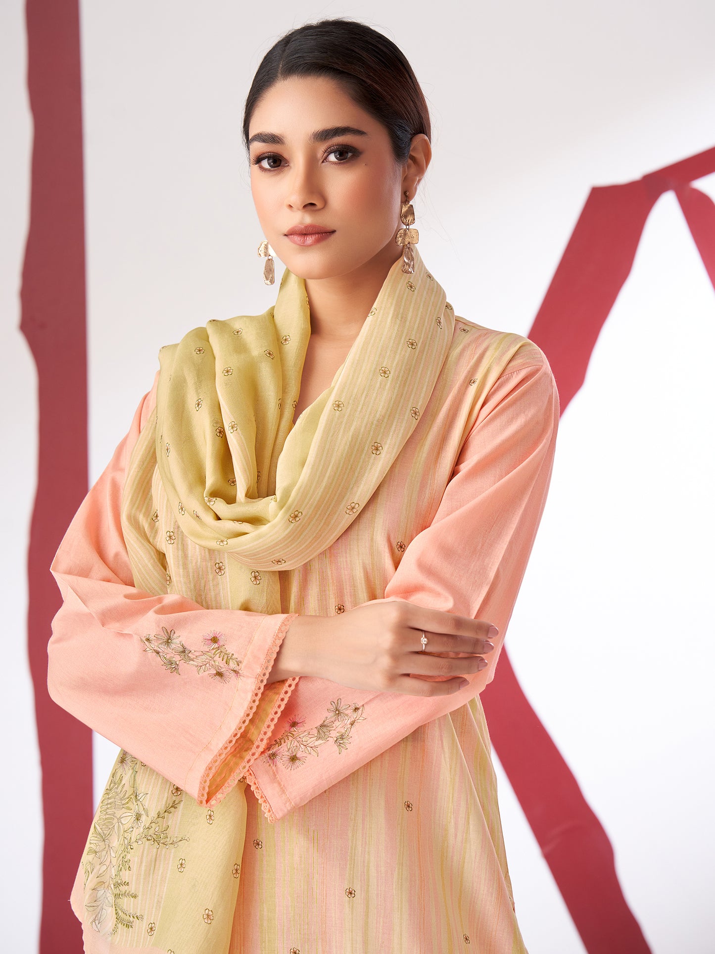 KSHITIJ RUST Luxe Pure Cotton Unstitched Set with Exquisite Embroidery