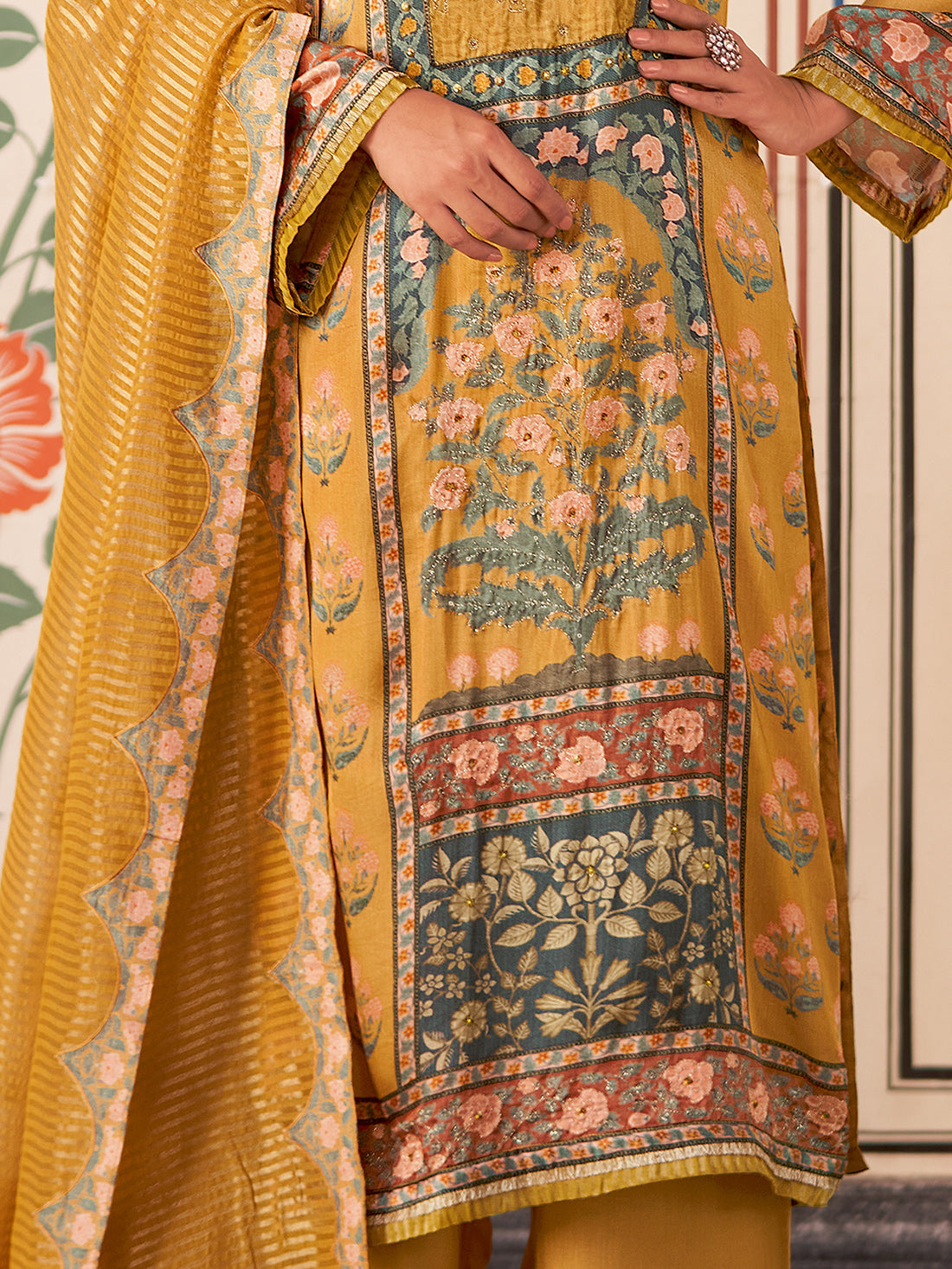 DARBARI METALLIC YELLOW Gazi Unstitched Set With Fancy Handwork & Threadle