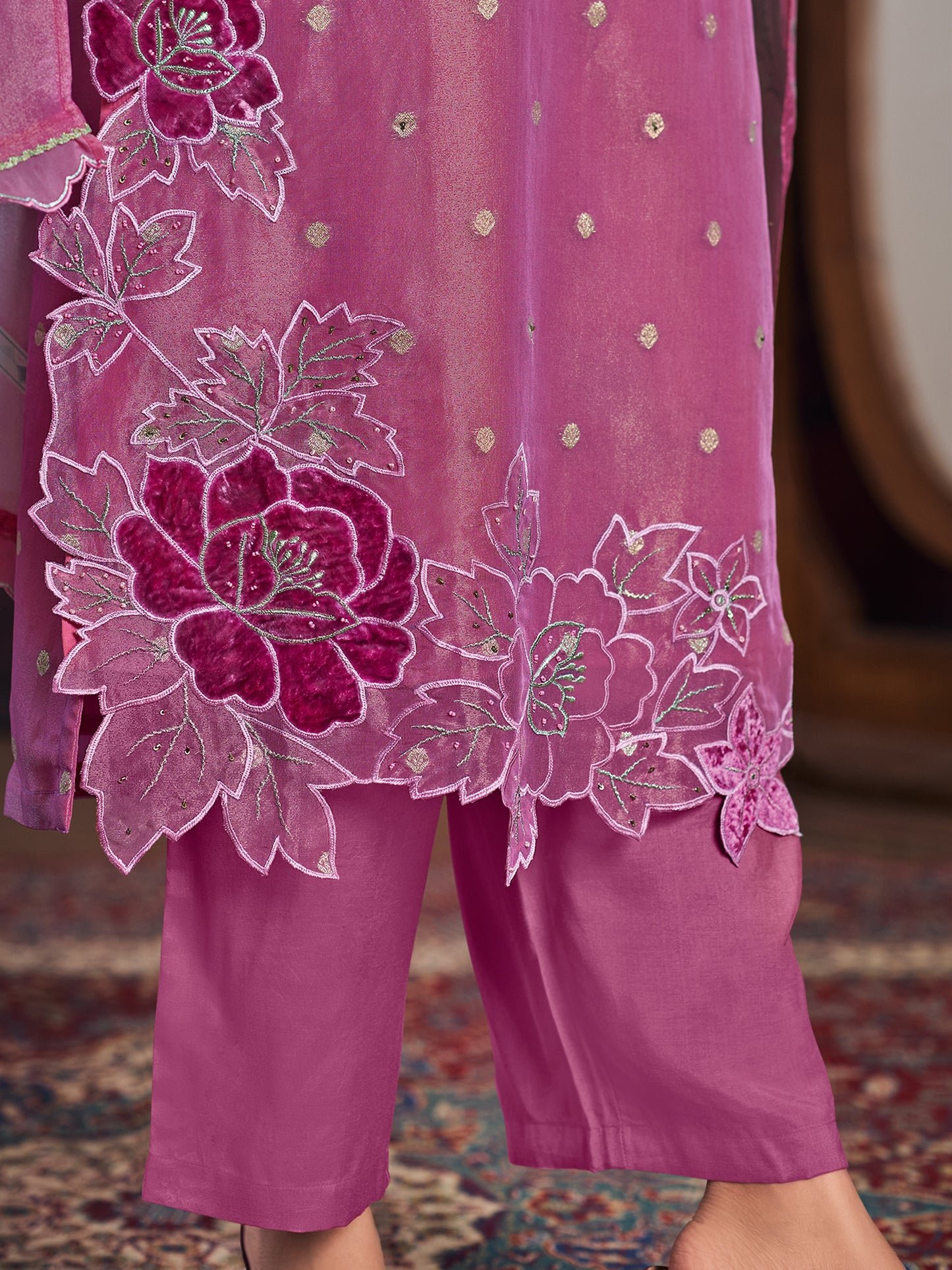 DISHITA WINE Pure Simmer Suit Set with Exquisite Handwork, Elegant Embroidery & Thread Detailing