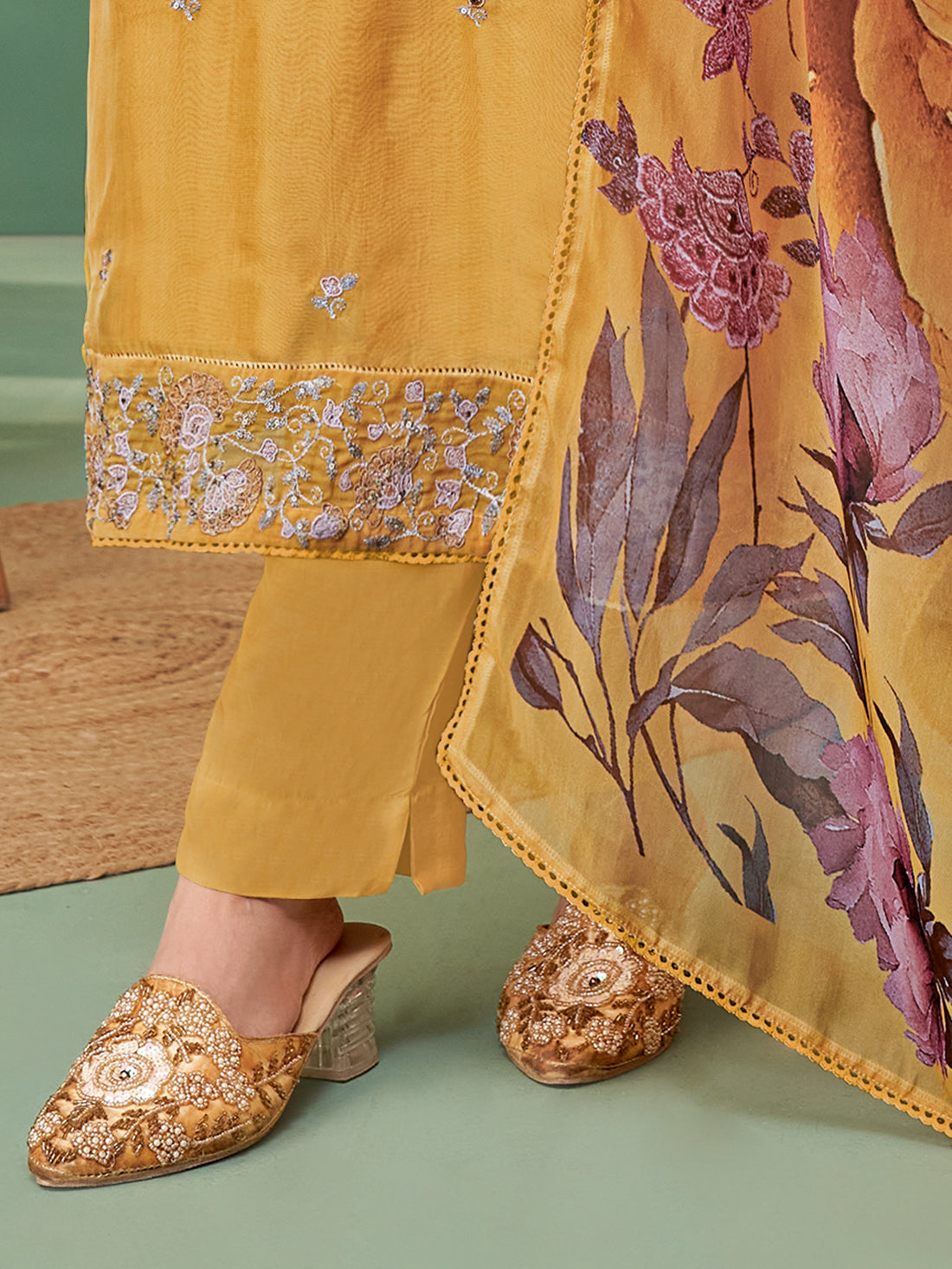 Sagar Yellow Organza Stitched Suit With Fancy Hand Work & Embroidery