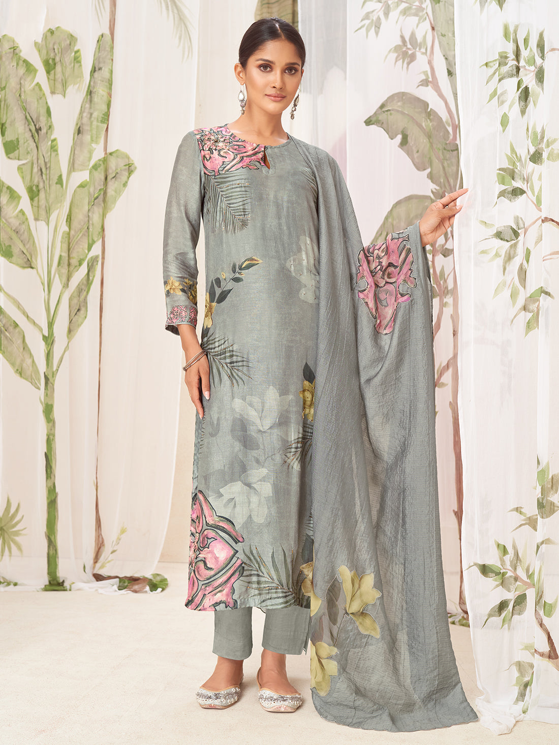 PAKHI Light Bluish Grey - Muslin Suit Set With Fancy Handwork & Butta Patch