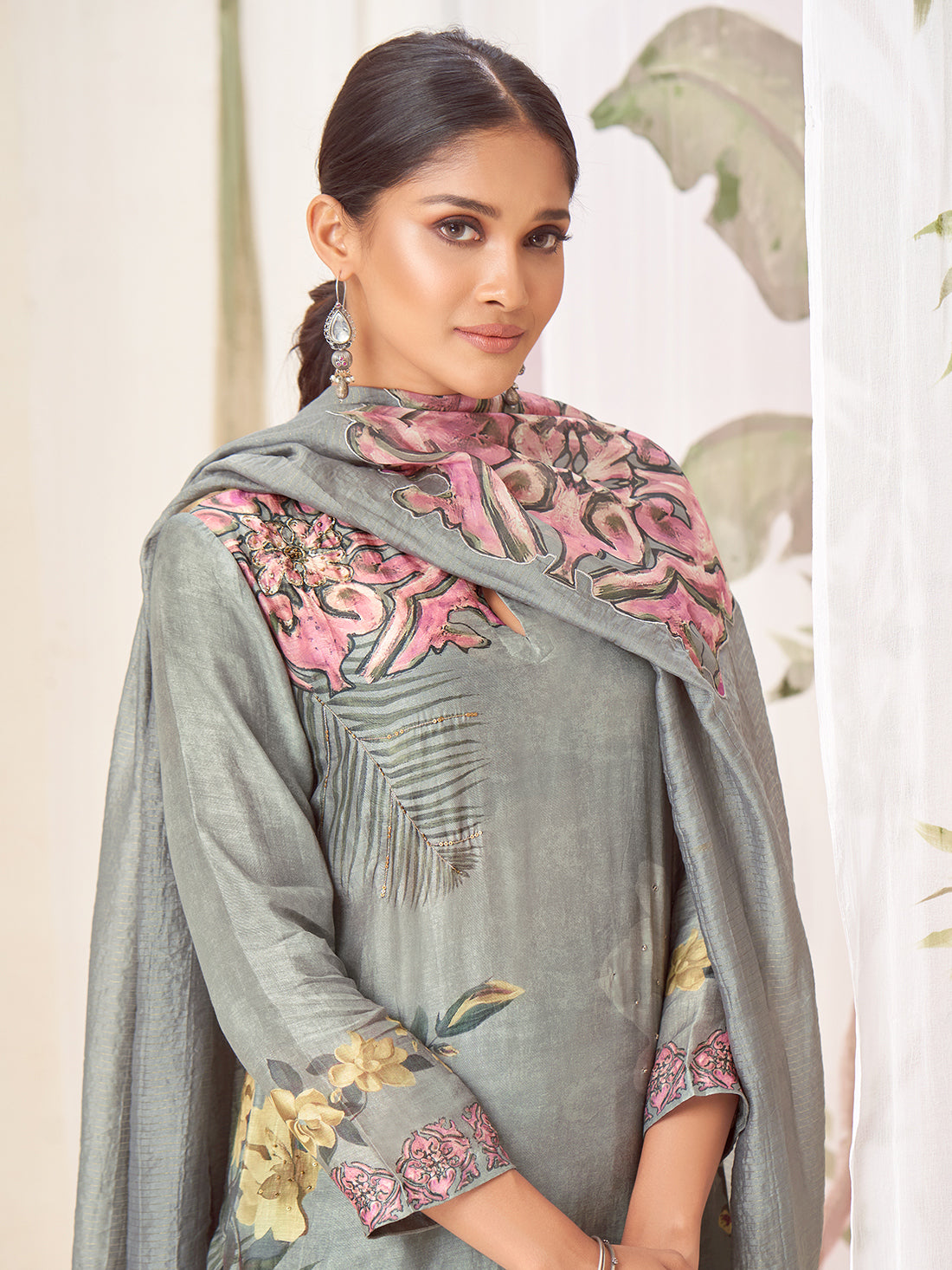PAKHI Light Bluish Grey - Muslin Suit Set With Fancy Handwork & Butta Patch