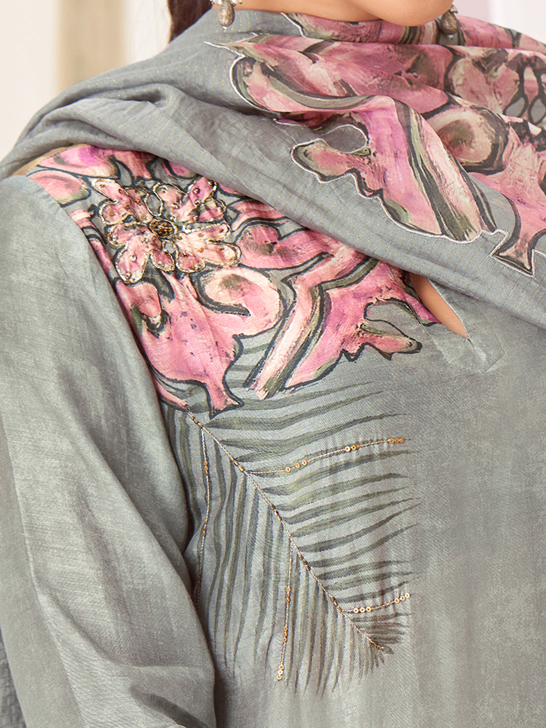 PAKHI Light Bluish Grey - Muslin Suit Set With Fancy Handwork & Butta Patch