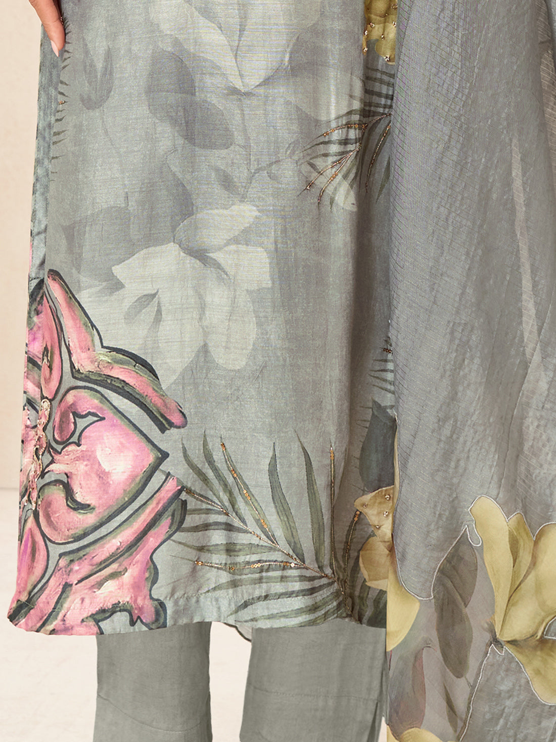 PAKHI Light Bluish Grey - Muslin Suit Set With Fancy Handwork & Butta Patch
