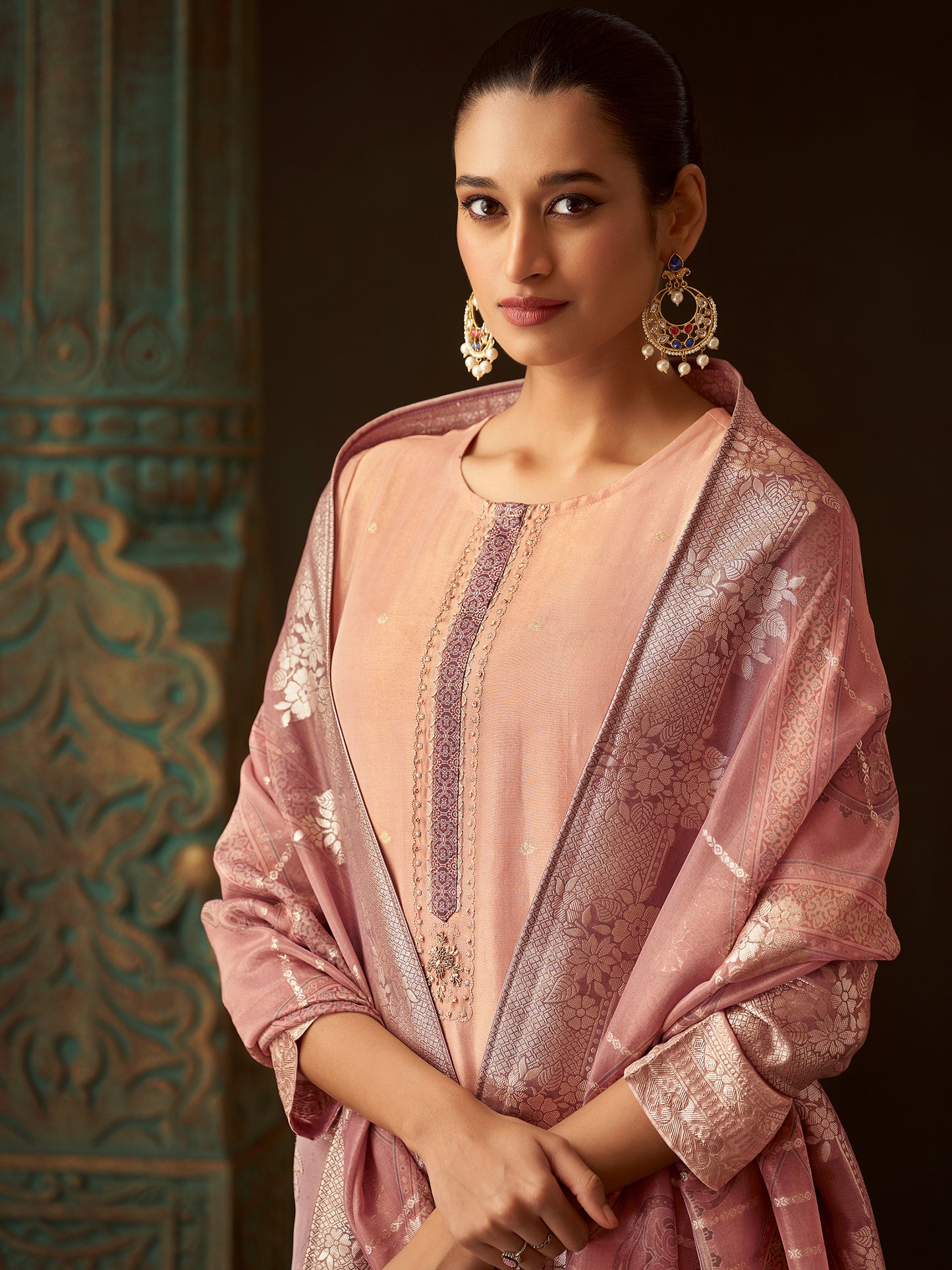Zulekha Regal Rust Pure Fancy Jacquard Suit Set with Exquisite Handwork