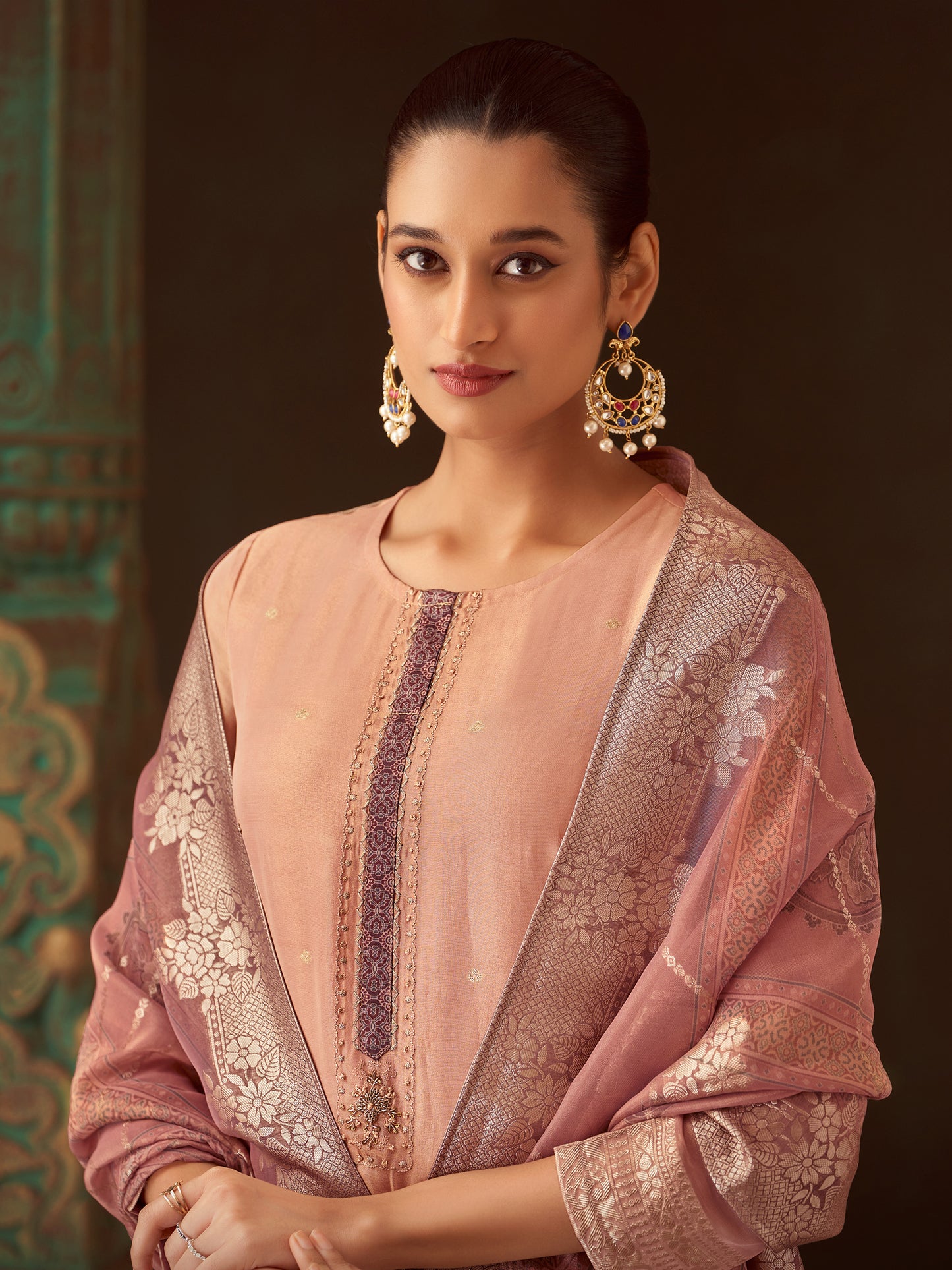 Zulekha Regal Rust Pure Fancy Jacquard Suit Set with Exquisite Handwork