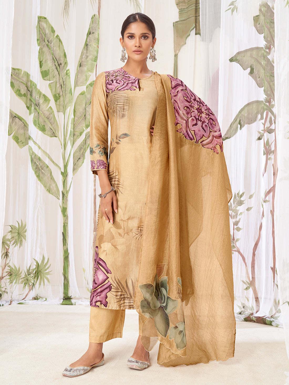 PAKHI Metallic light chikoo - Muslin Suit Set With Fancy Handwork & Butta Patch