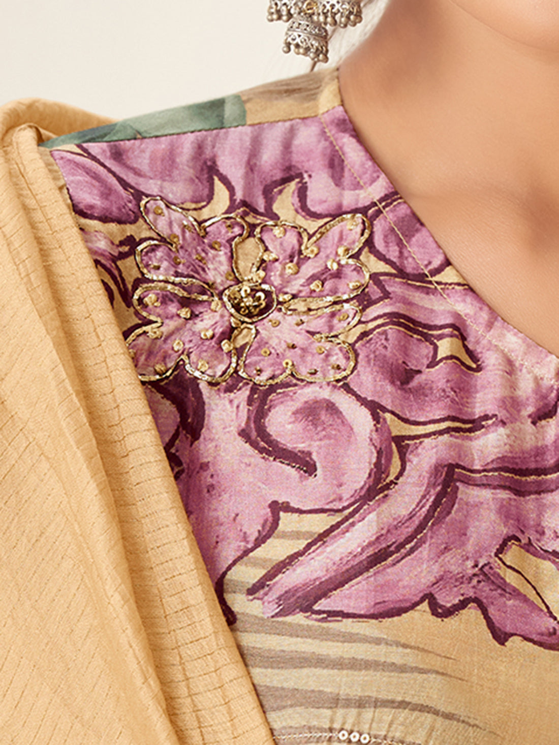 PAKHI Metallic light chikoo - Muslin Suit Set With Fancy Handwork & Butta Patch
