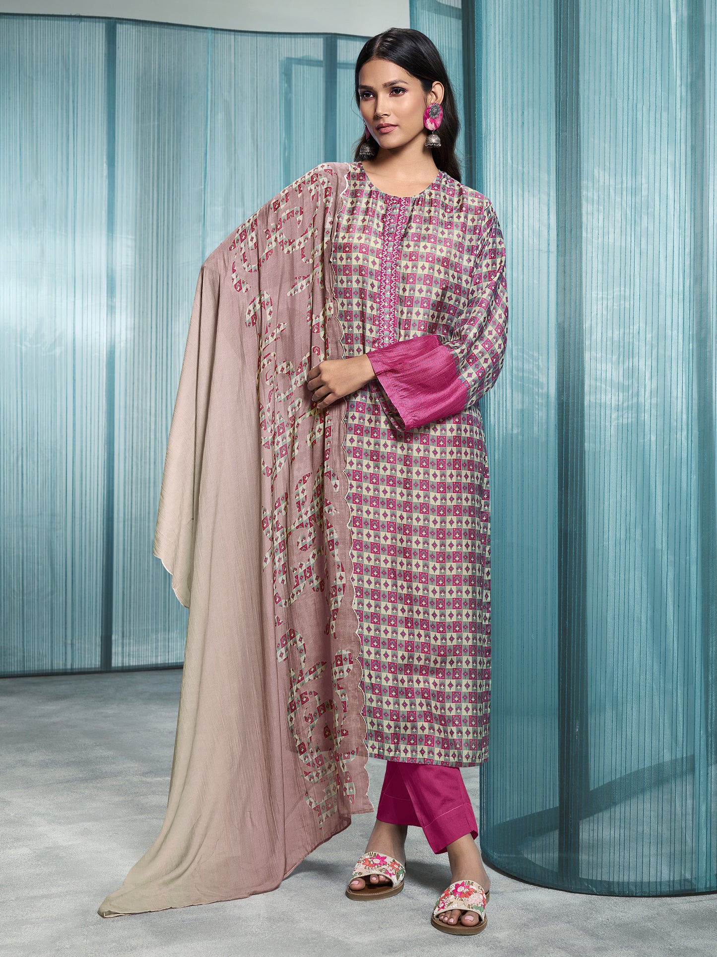 JANVI Soft Pink Pure Muslin Suit Set with Delicate Embroidery