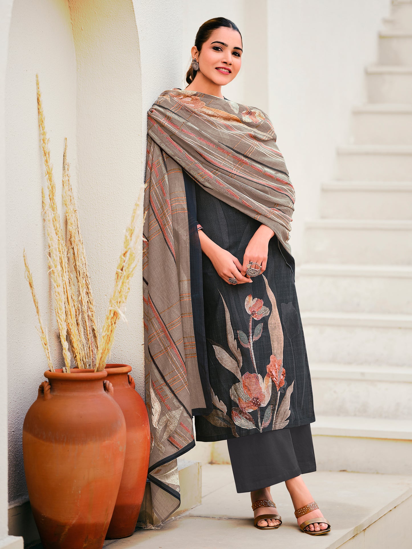 Noor Black Pure Cotton Unstitched Set with Detailed Handwork
