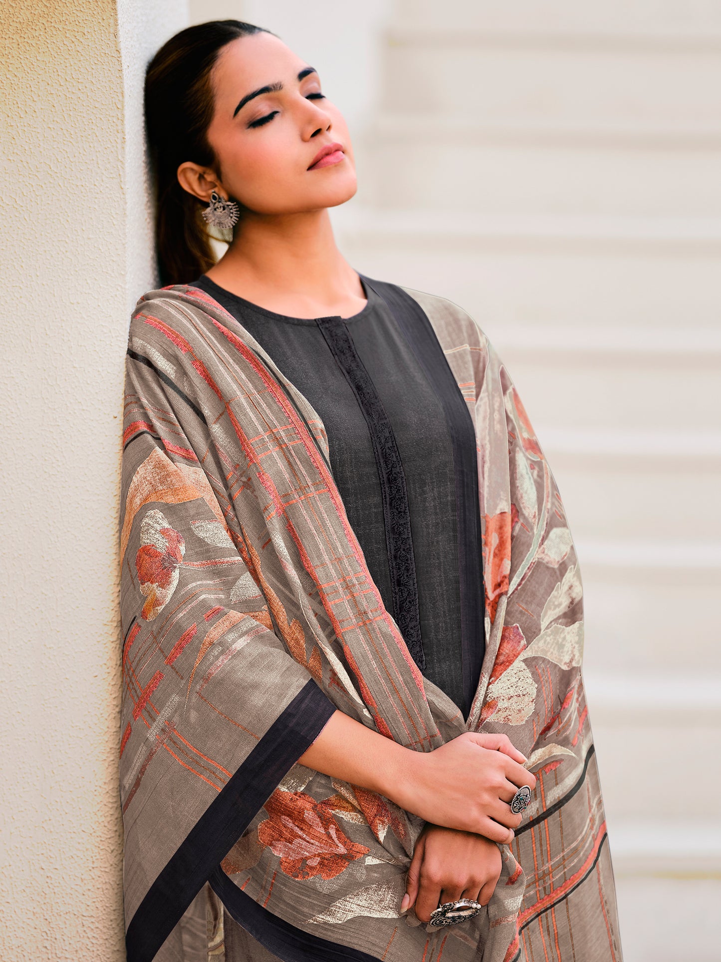 Noor Black Pure Cotton Unstitched Set with Detailed Handwork