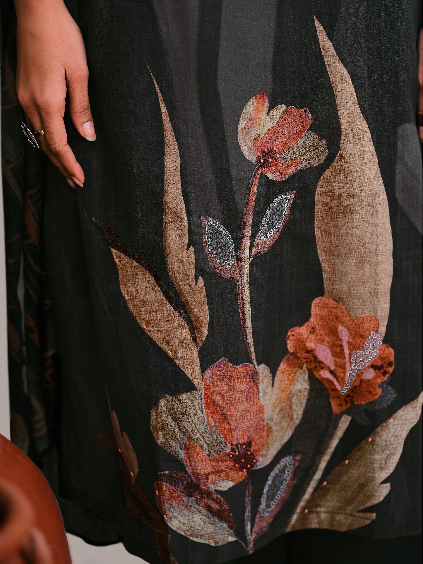 Noor Black Pure Cotton Unstitched Set with Detailed Handwork