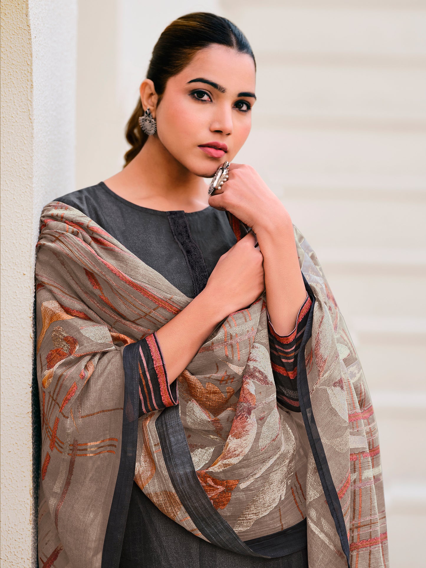 Noor Black Pure Cotton Unstitched Set with Detailed Handwork