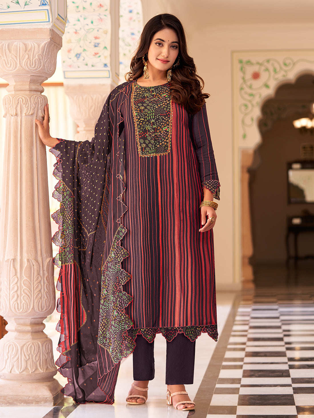 BAAGH WINE Simmer Unstitched Set With Handwork & Embroidery