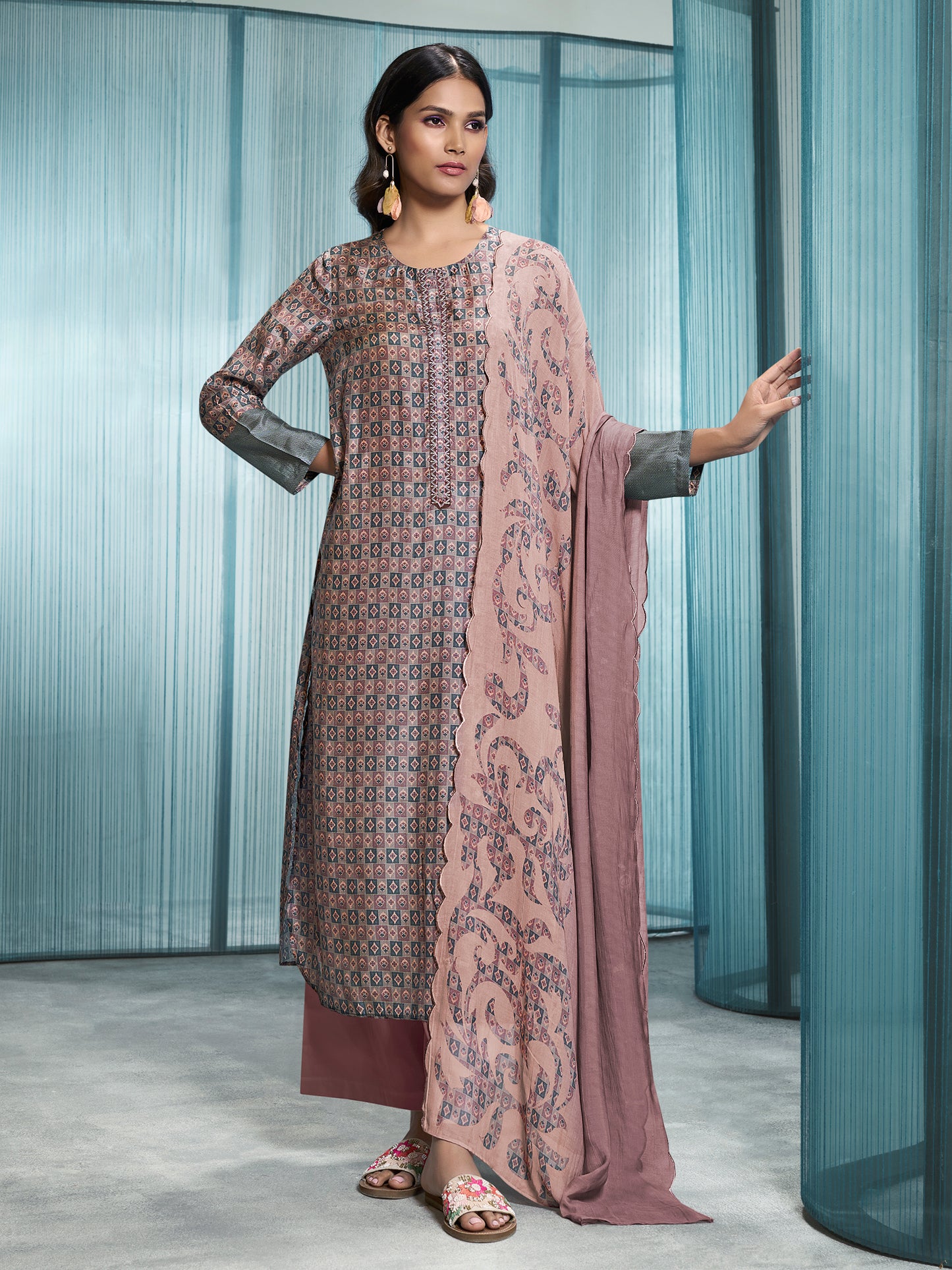 JANVI Elegant Dusty Wine Pure Muslin Suit Set with Timeless Embroidery