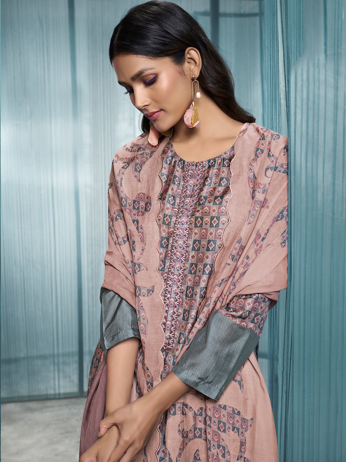 JANVI Elegant Dusty Wine Pure Muslin Suit Set with Timeless Embroidery