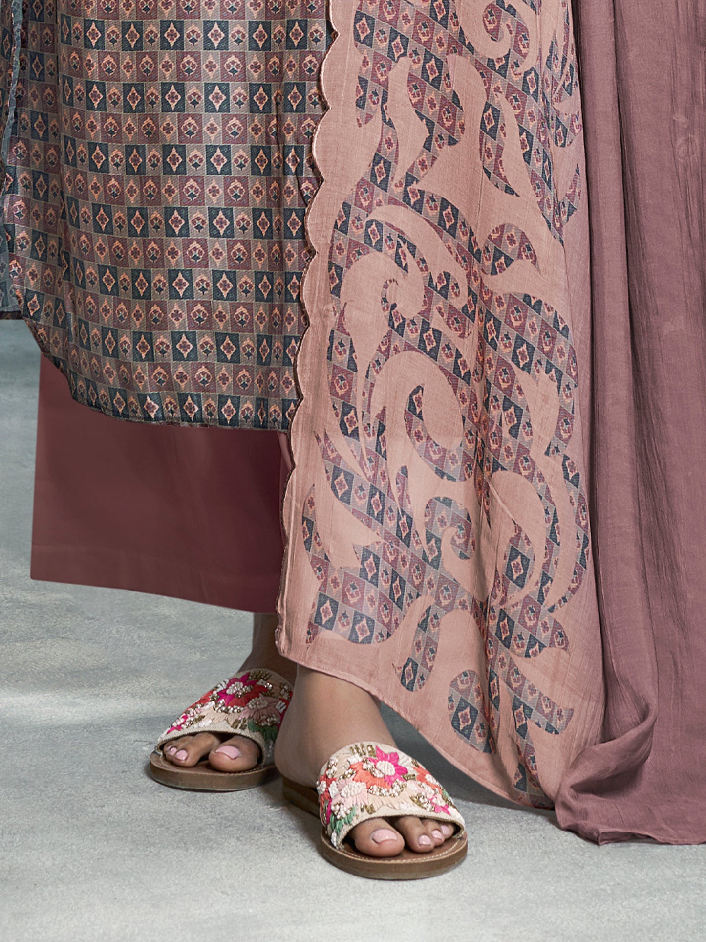 JANVI Elegant Dusty Wine Pure Muslin Suit Set with Timeless Embroidery