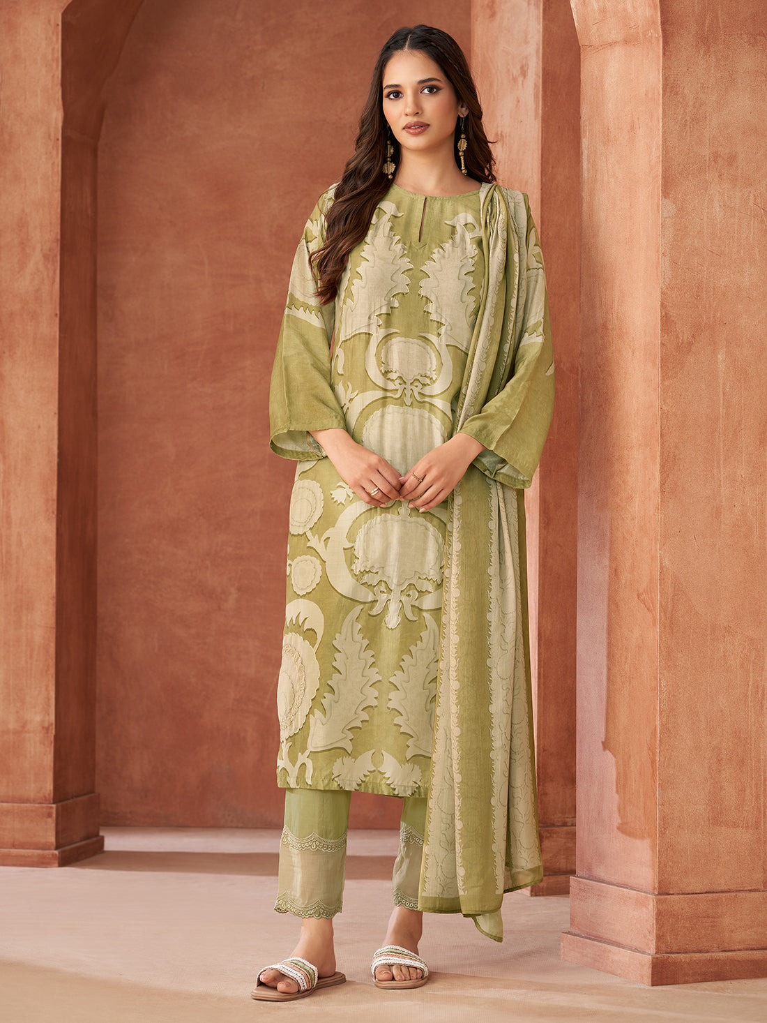RUBI Light Mehendi Green - Muslin Unstitched Set With Fancy Handwork & Embroidery