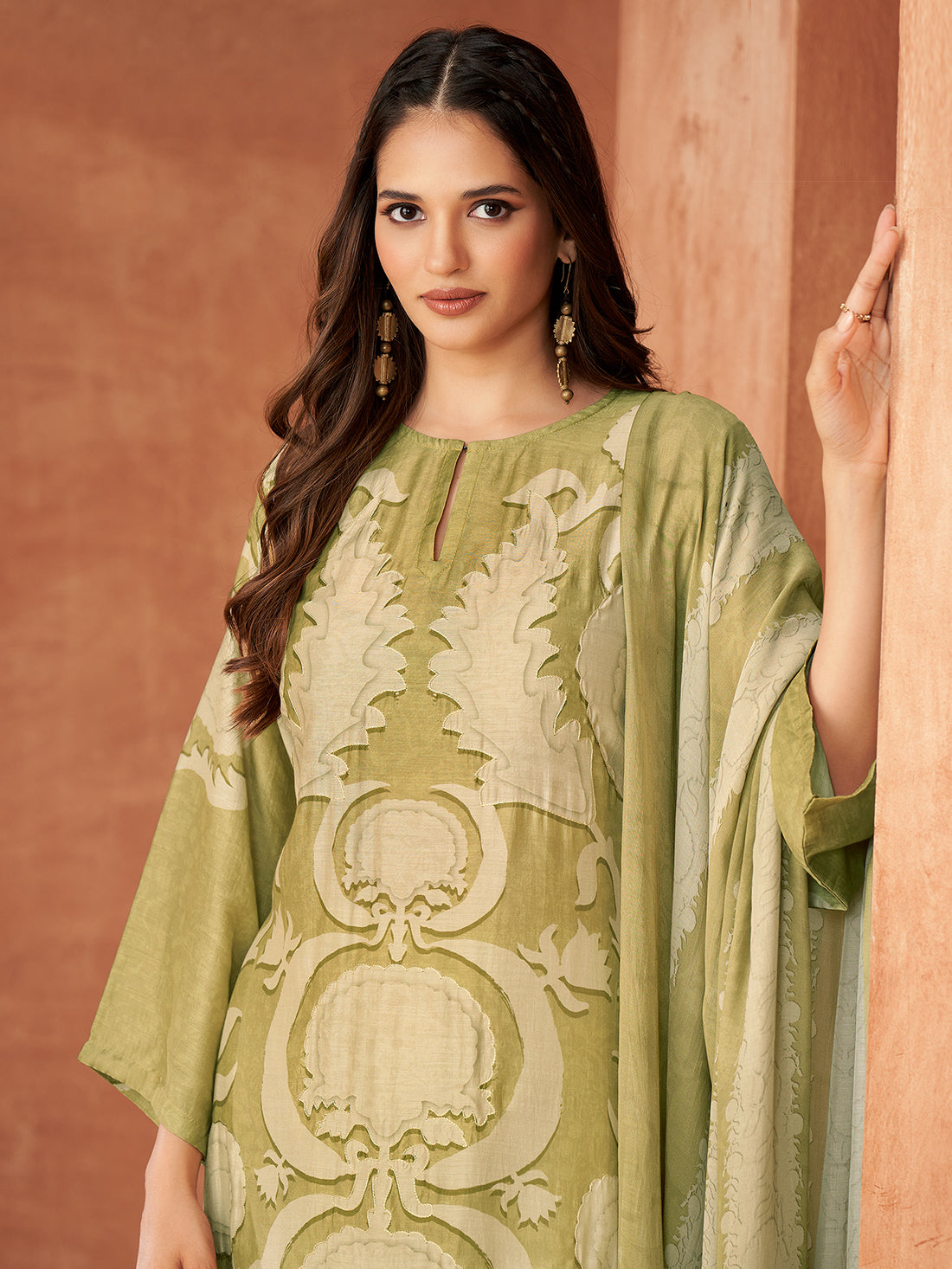 RUBI Light Mehendi Green - Muslin Unstitched Set With Fancy Handwork & Embroidery
