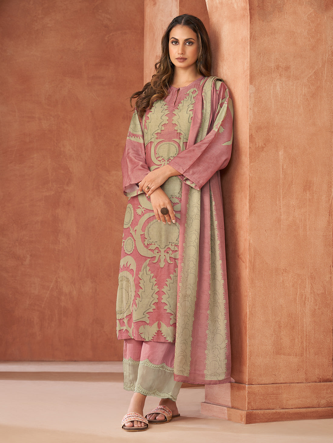RUBI Pinkish -Muslin Unstitched Set With Fancy Handwork & Embroidery