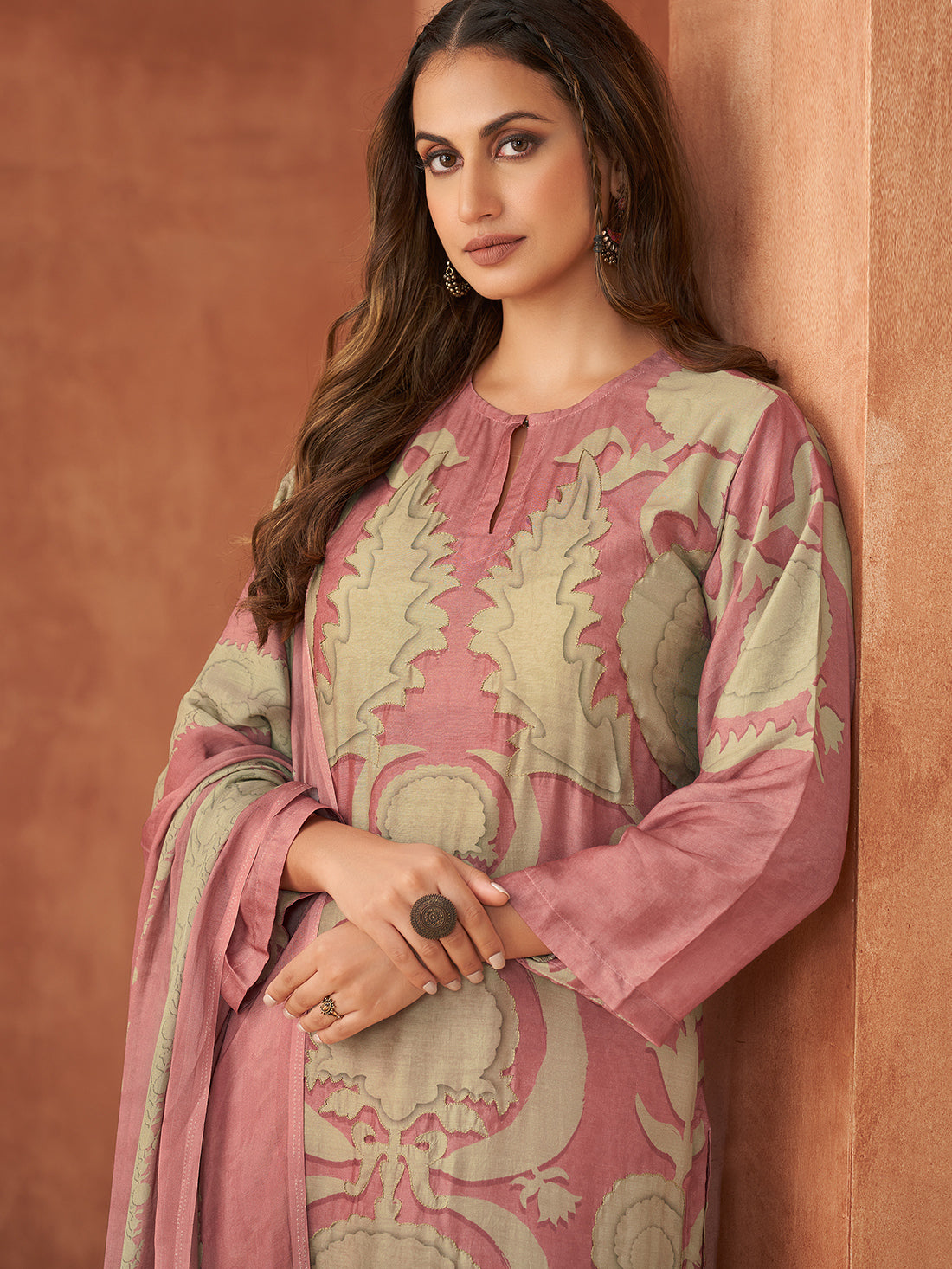 RUBI Pinkish -Muslin Unstitched Set With Fancy Handwork & Embroidery
