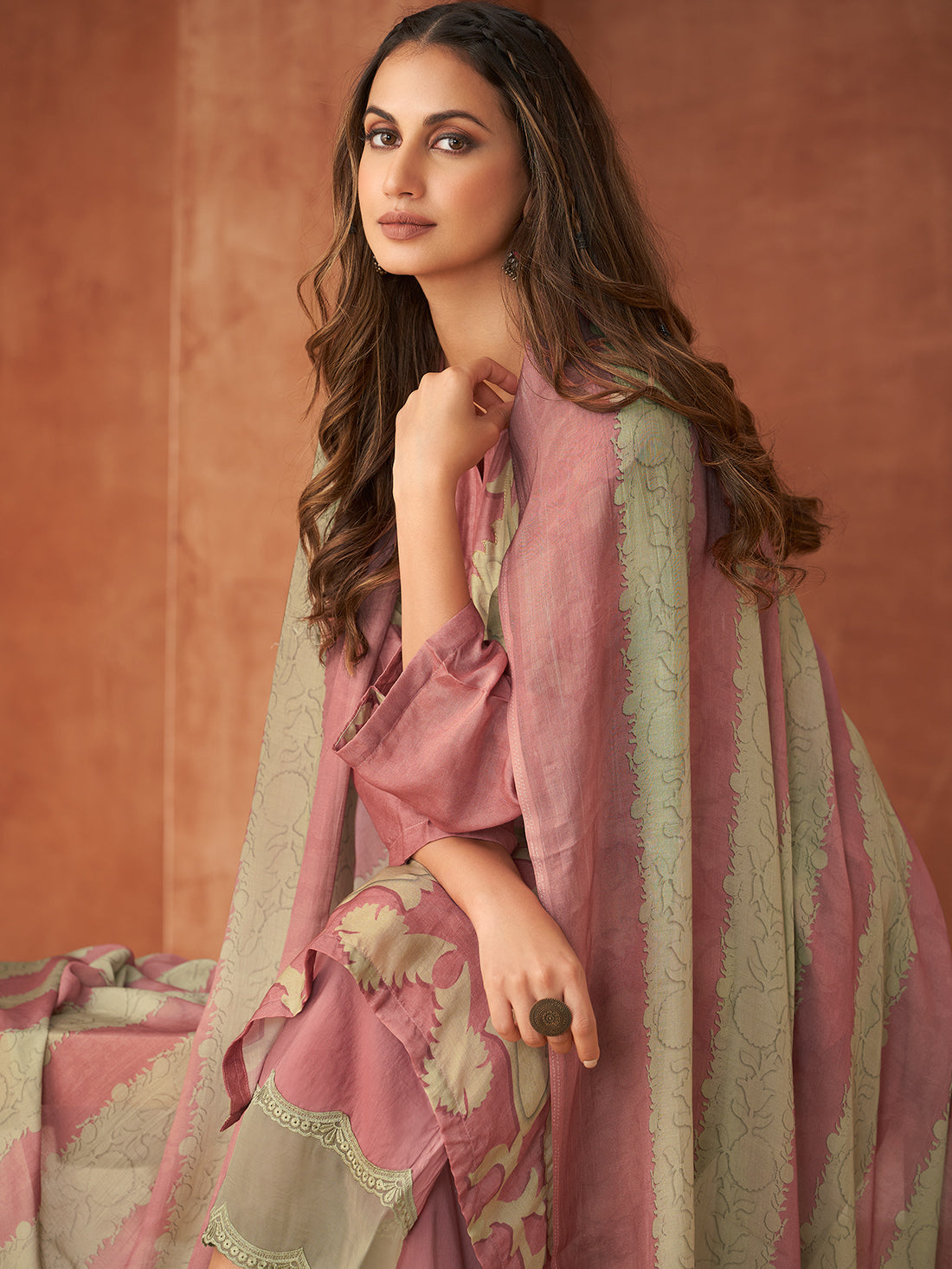 RUBI Pinkish -Muslin Unstitched Set With Fancy Handwork & Embroidery