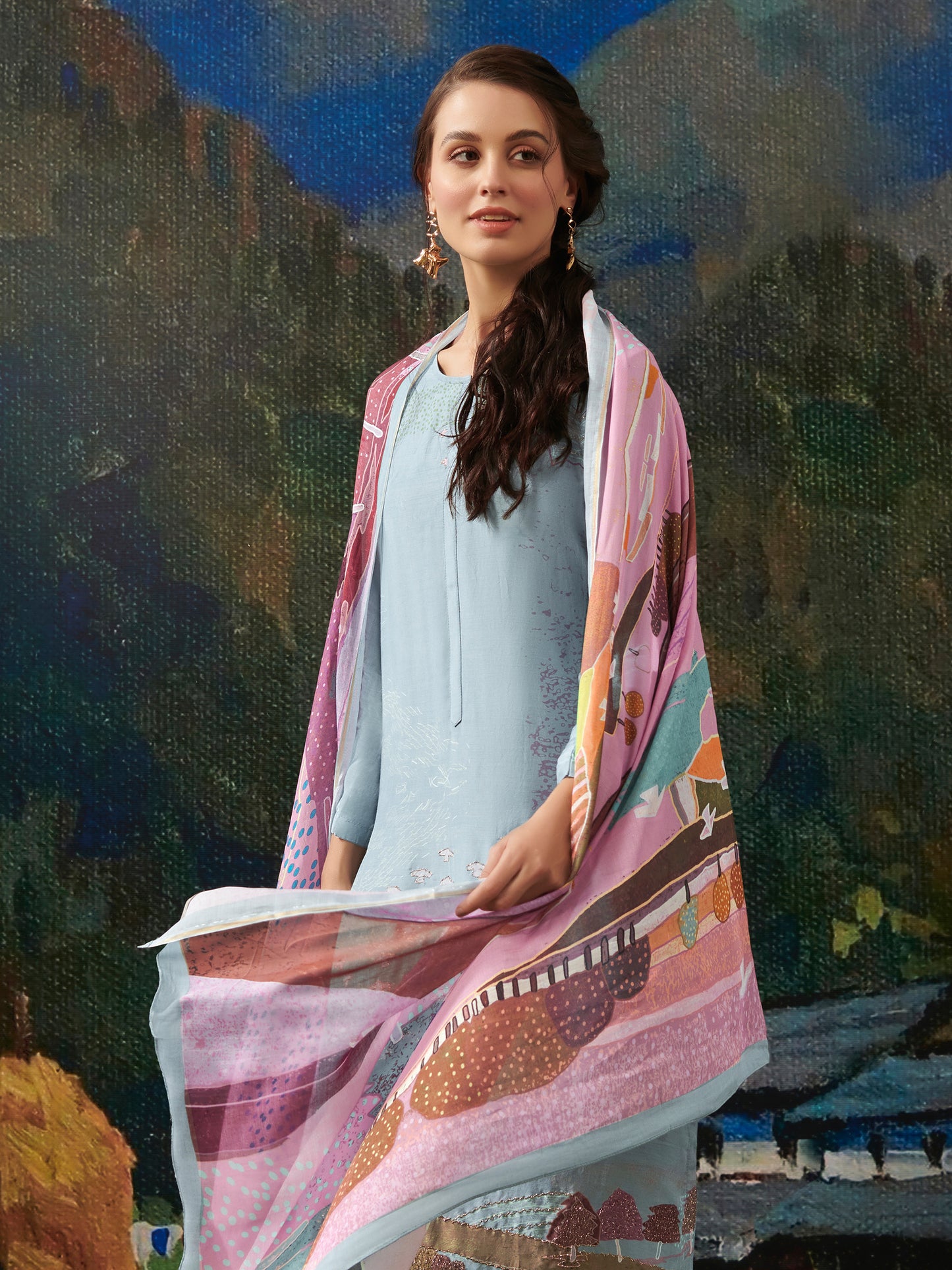 POORVA Serene Light Blue Pure Cashmiri Silk Suit Set with Exquisite Handwork