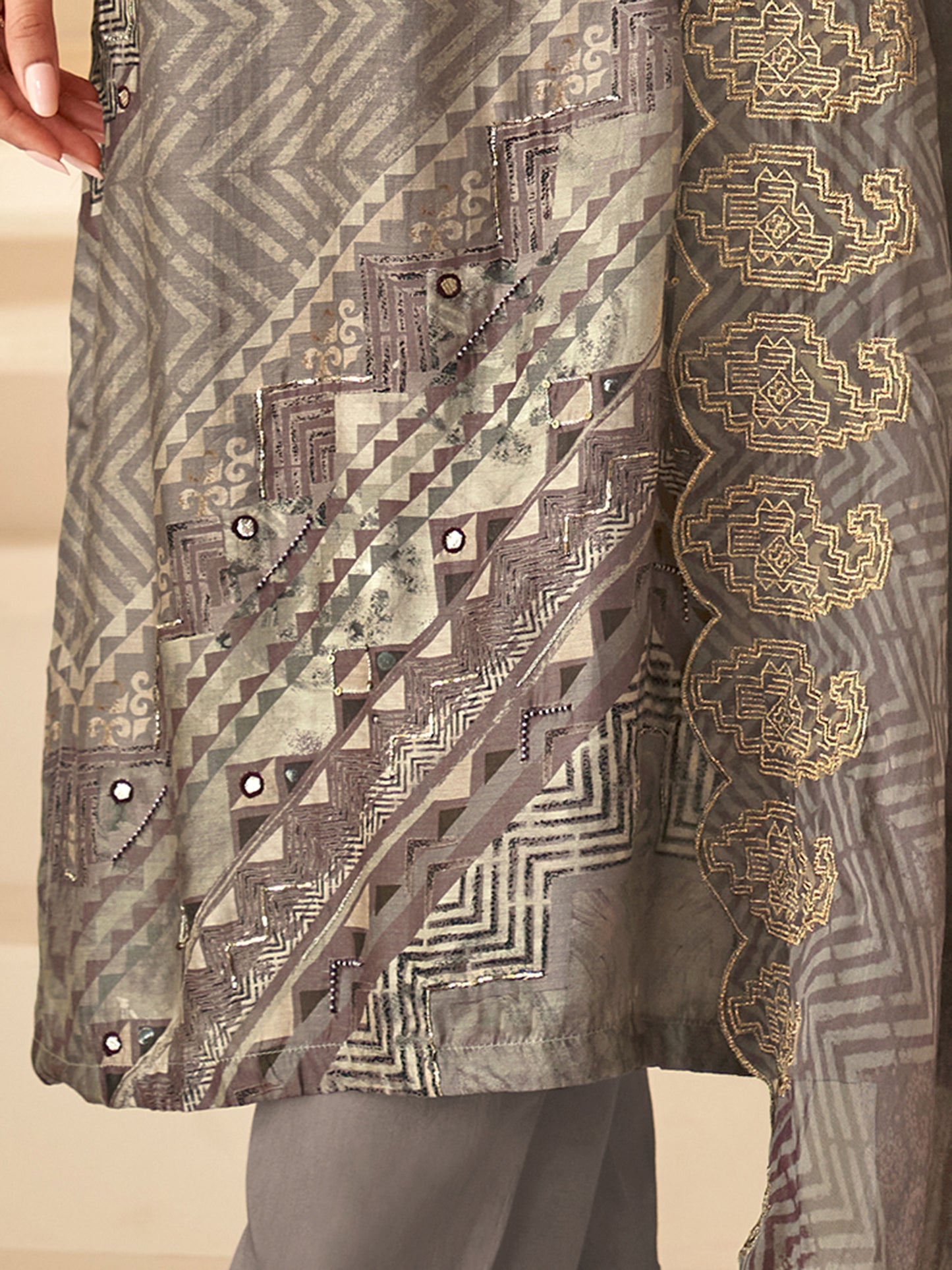 Elegant Rakhi Grey Muslin Suit Set with Stunning Handcrafted Embellishments