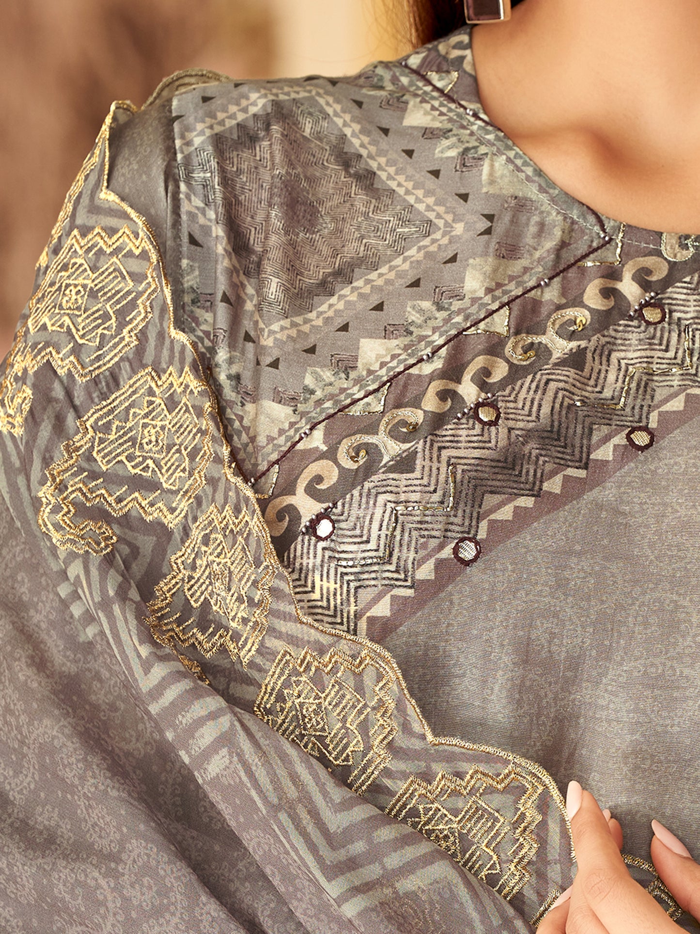 Elegant Rakhi Grey Muslin Suit Set with Stunning Handcrafted Embellishments