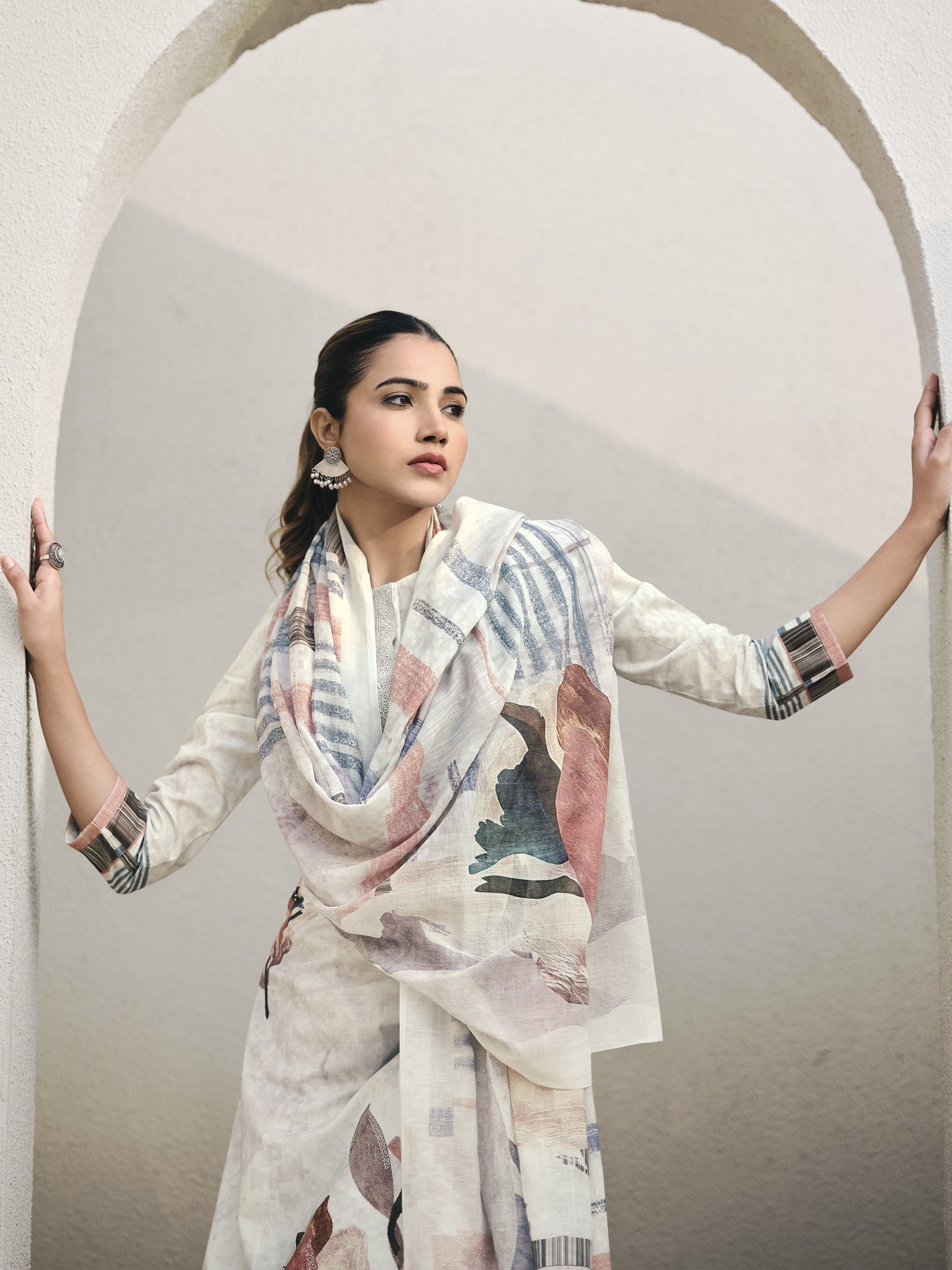 Noor Light Grey Pure Cotton Unstitched Set with Detailed Handwork