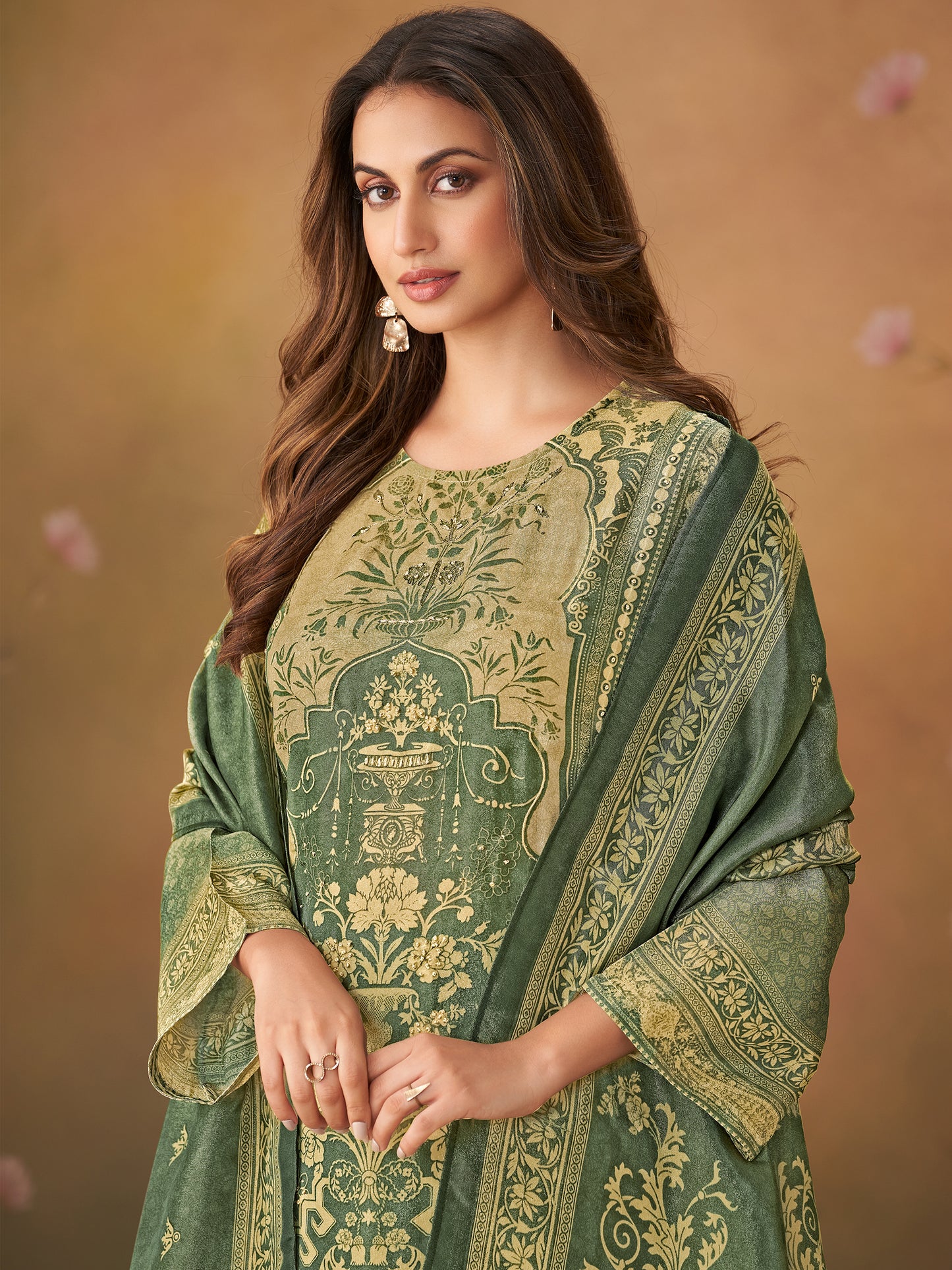 Nazm Rama Green: Pure Simmer Tissue Suit Set with Delicate Handwork