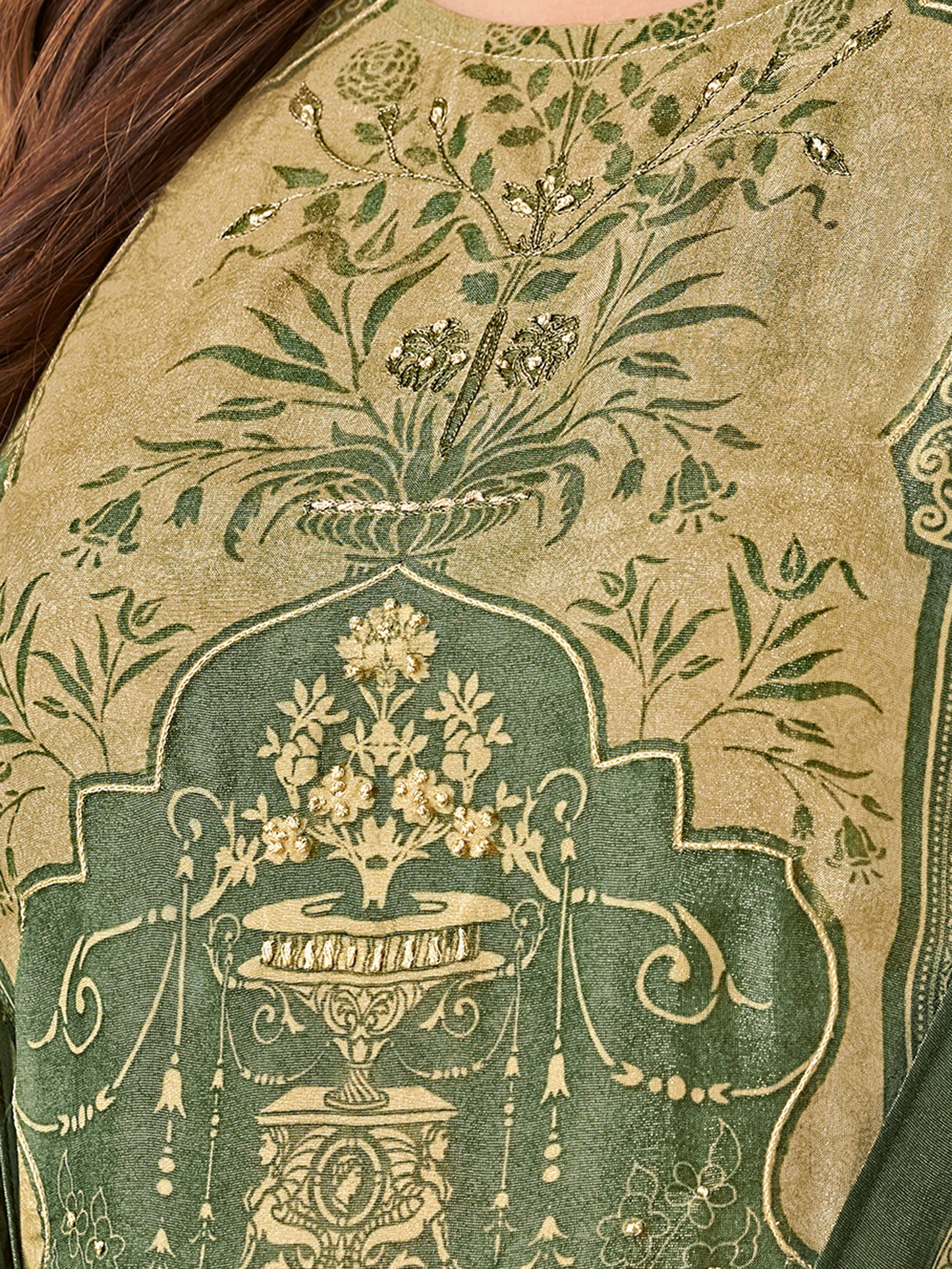 Nazm Rama Green: Pure Simmer Tissue Suit Set with Delicate Handwork