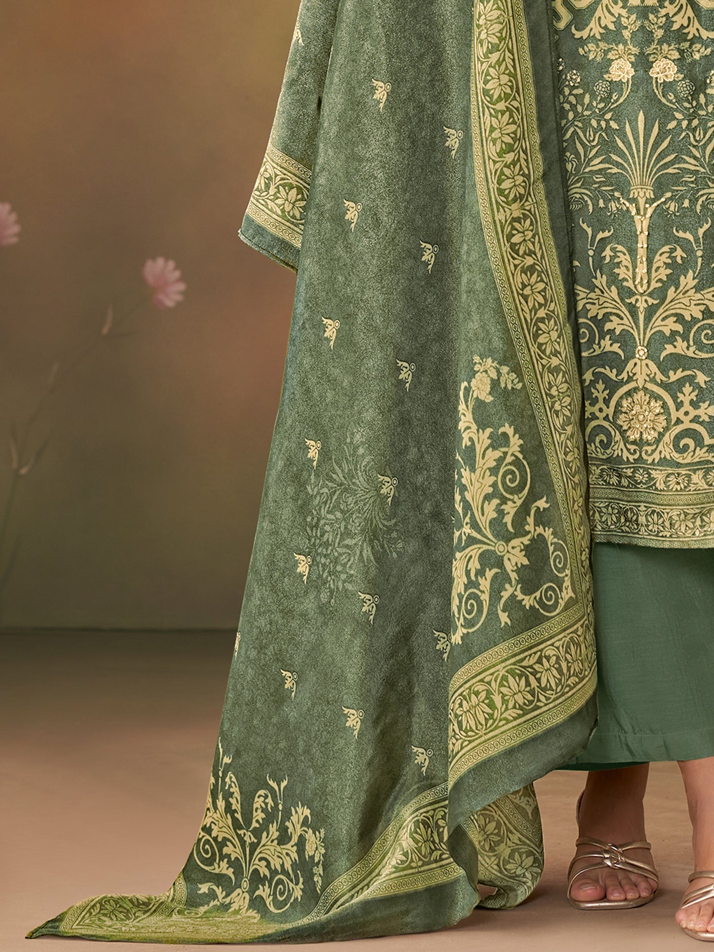 Nazm Rama Green: Pure Simmer Tissue Suit Set with Delicate Handwork