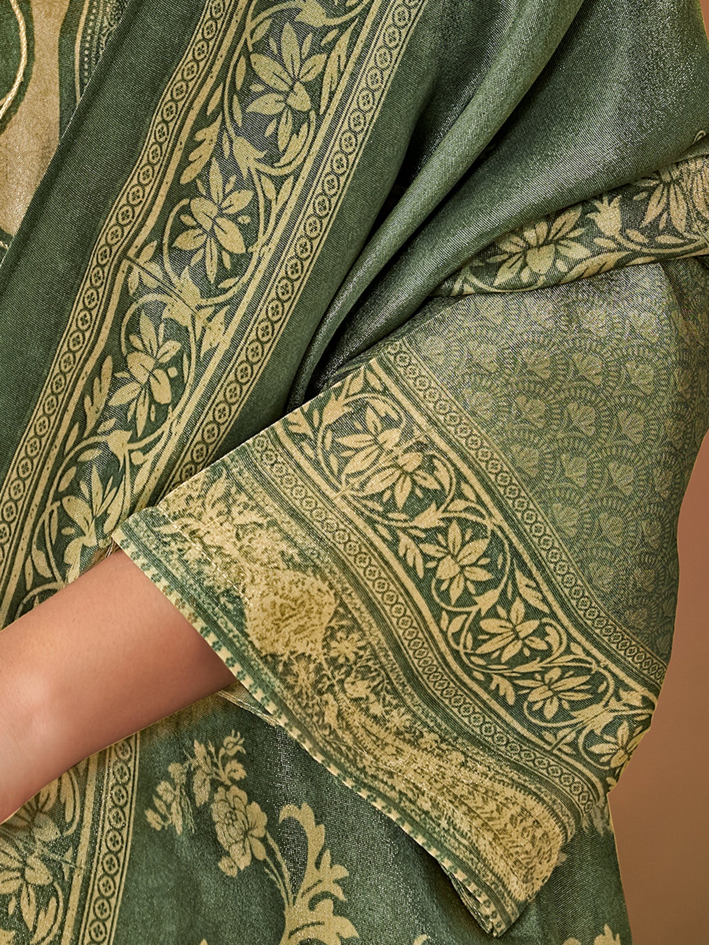 Nazm Rama Green: Pure Simmer Tissue Suit Set with Delicate Handwork