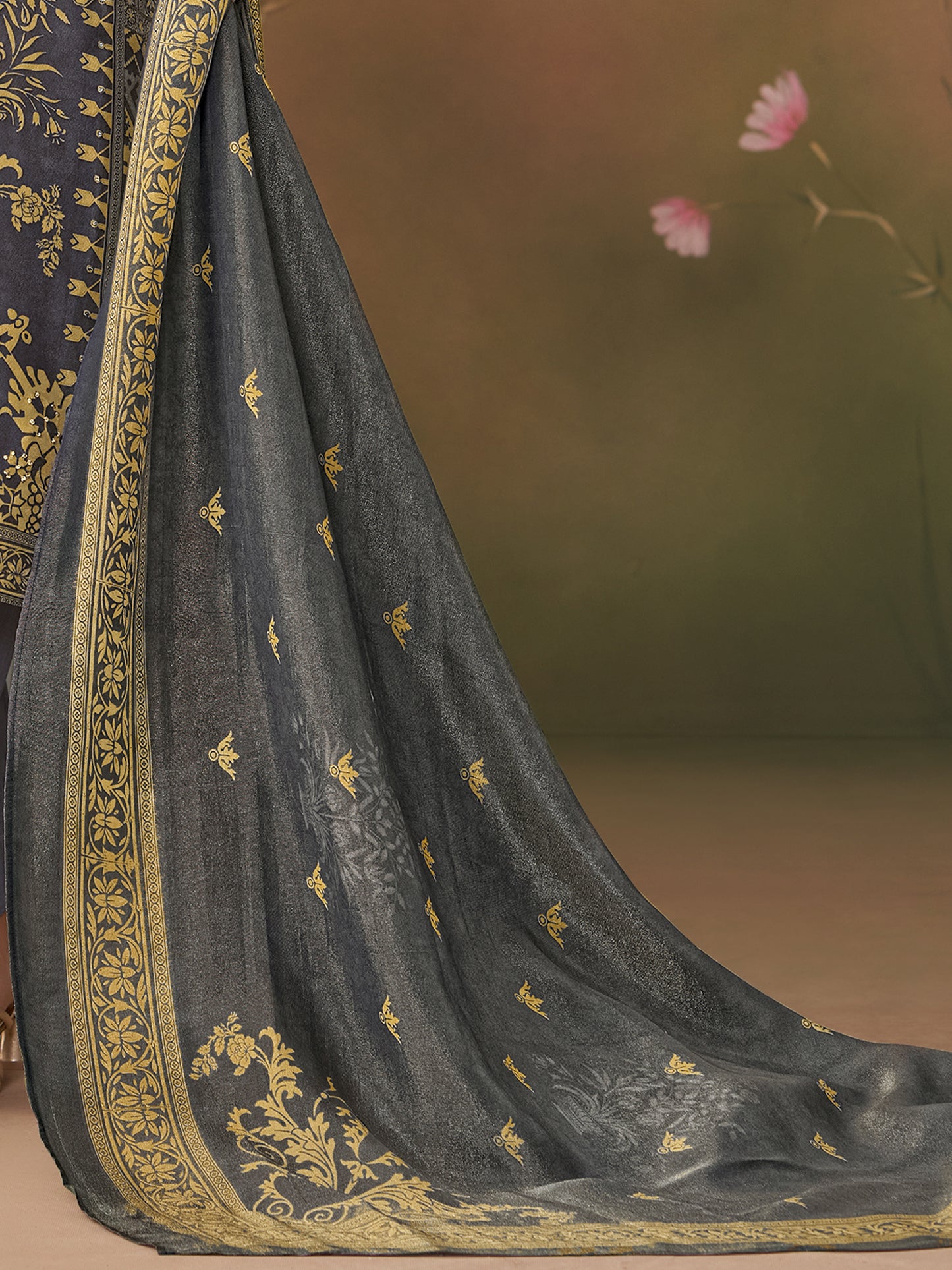 Nazm Violet: Pure Simmer Tissue Suit Set with Delicate Handwork