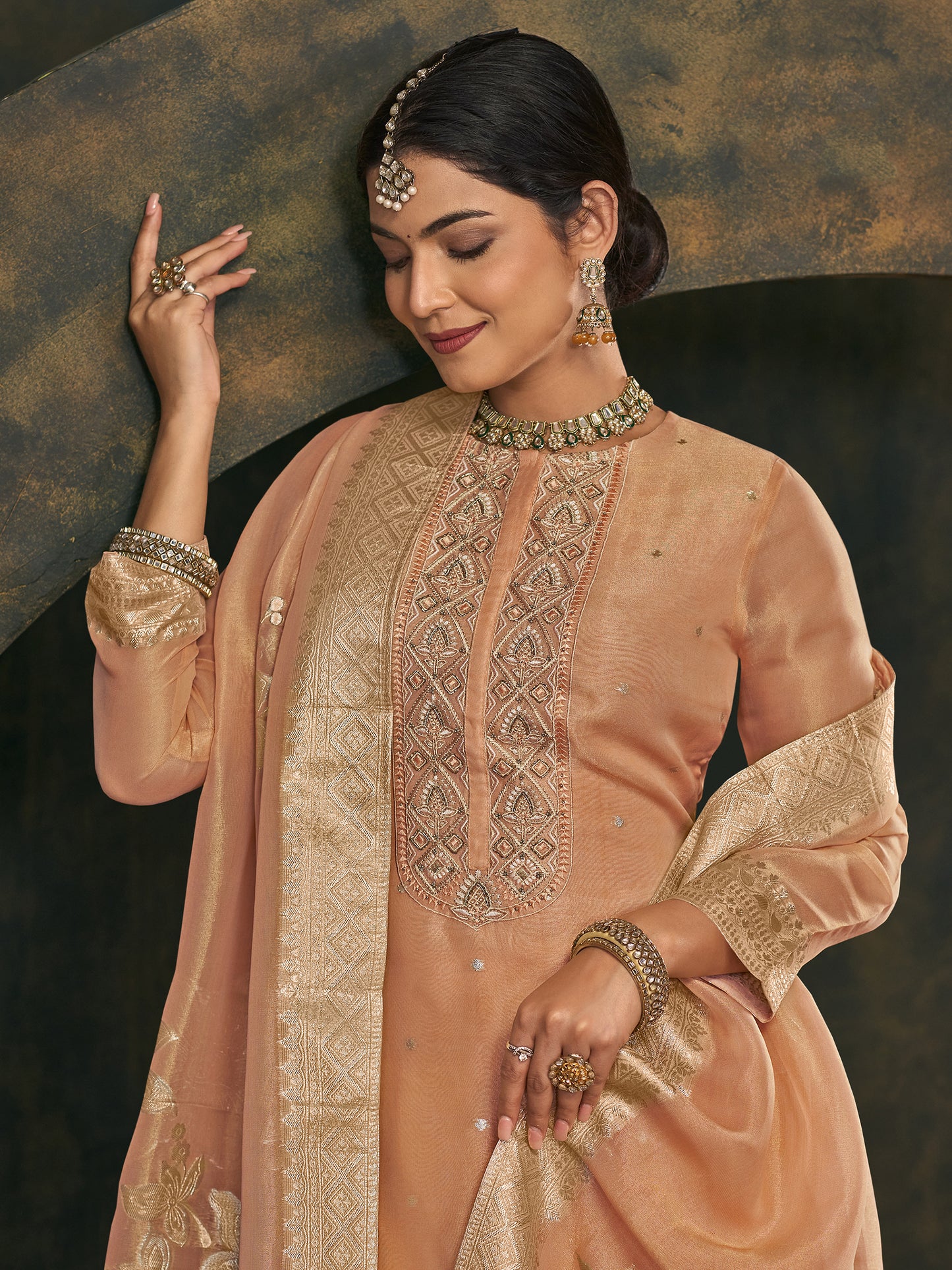 FUSHIA ORANGE Pure Fancy Simmer Suit Set with Intricate Handwork & Elegant Embroidery