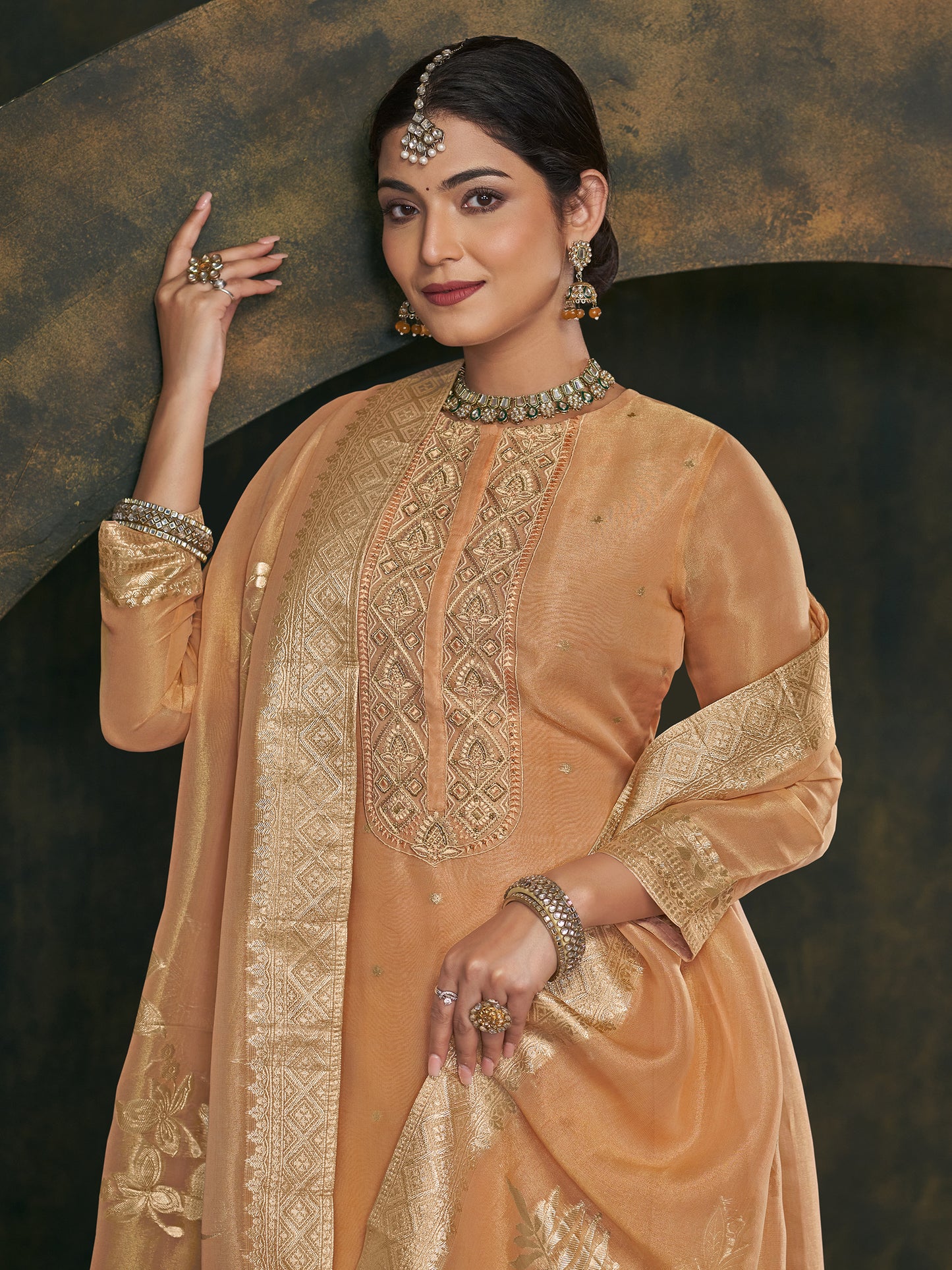 FUSHIA ORANGE Pure Fancy Simmer Suit Set with Intricate Handwork & Elegant Embroidery
