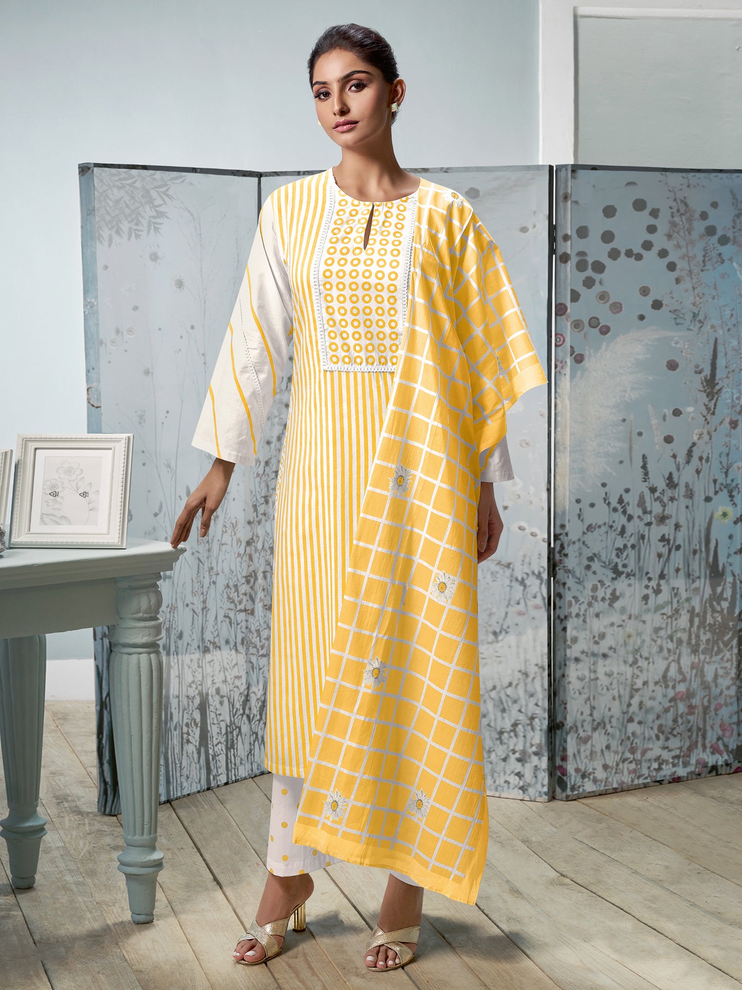 CHEVRON YELLOW Pure Cotton Suit Set With Intricate Handwork & Beautiful Embroidery