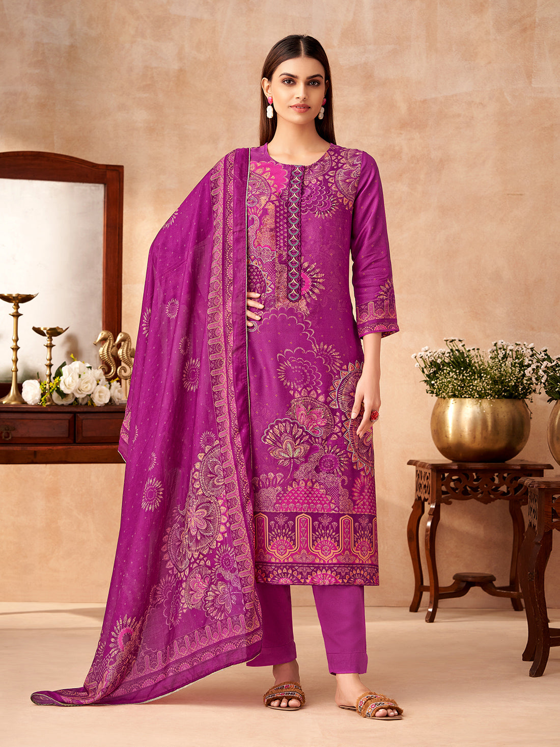 VRUSHTI WINE Simmar Tissue Suit Set With Fancy Handwork & Embroidery
