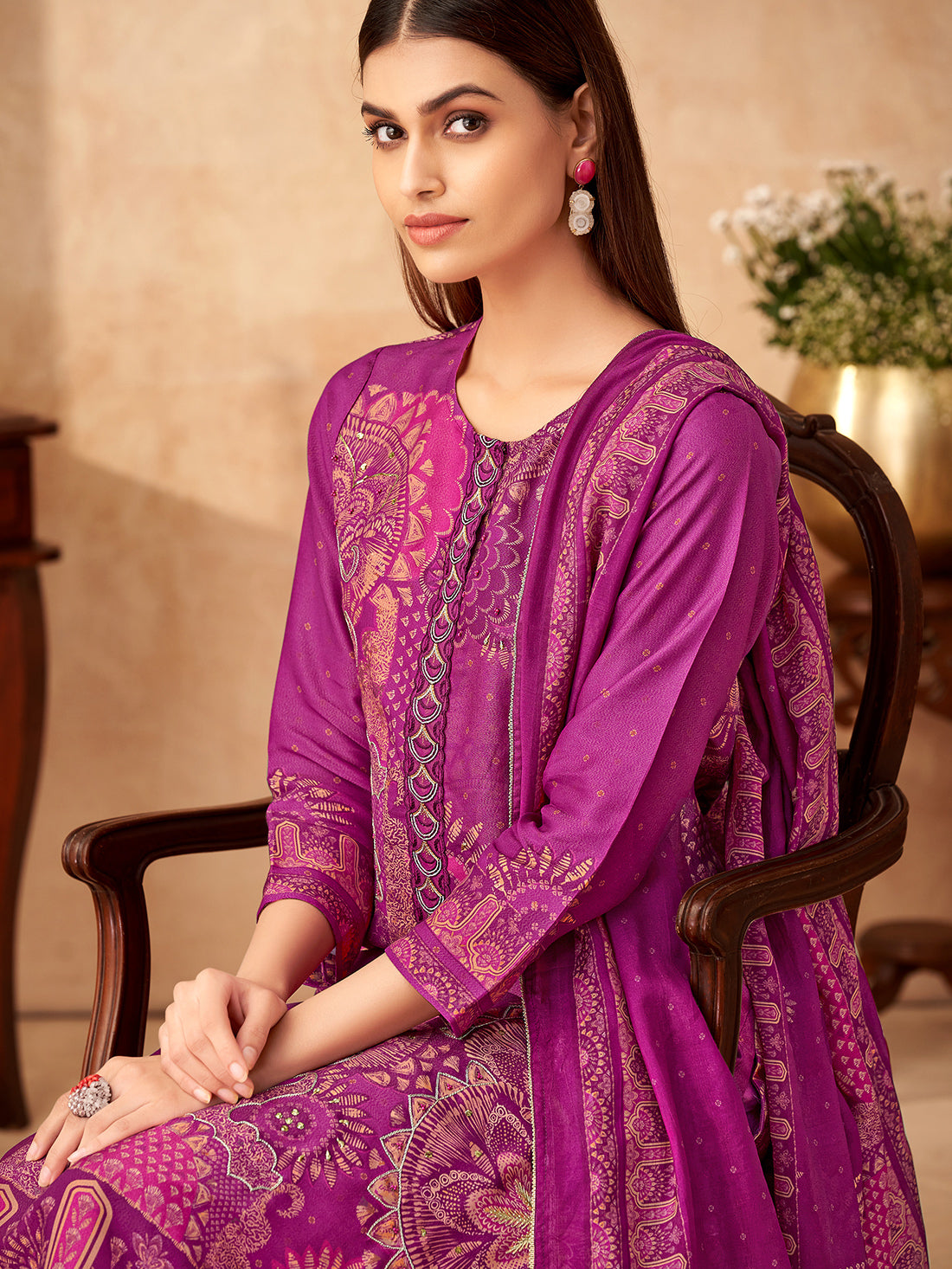 VRUSHTI WINE Simmar Tissue Suit Set With Fancy Handwork & Embroidery