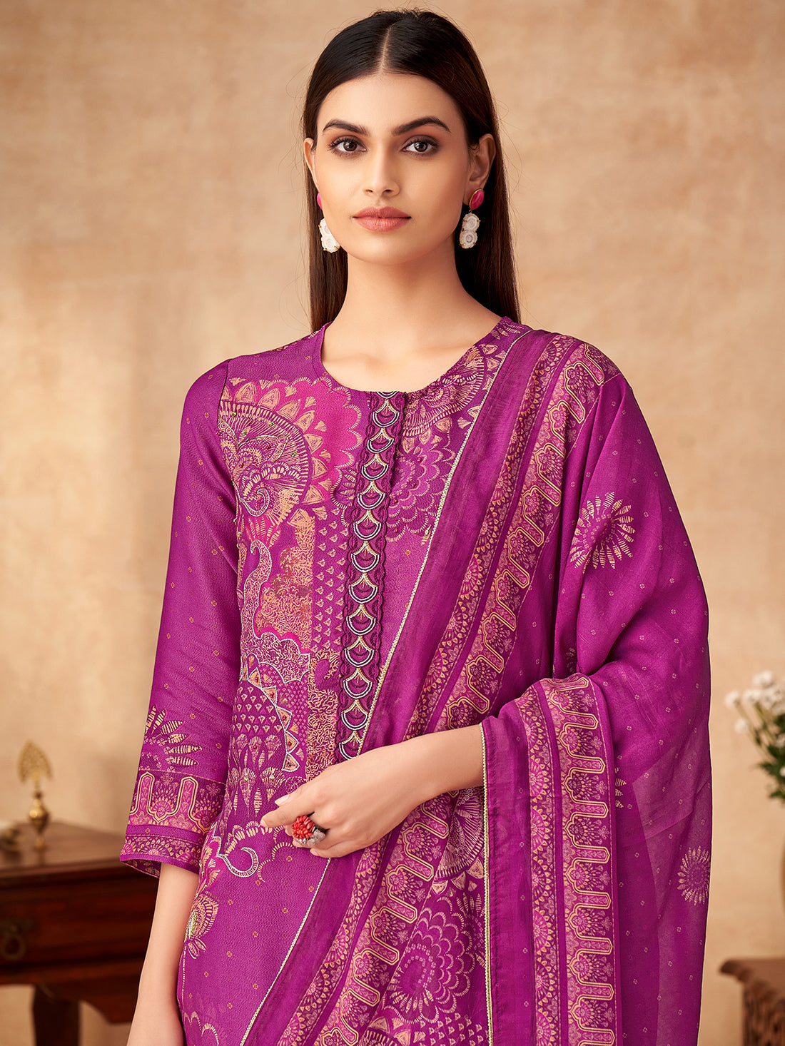 VRUSHTI WINE Simmar Tissue Suit Set With Fancy Handwork & Embroidery