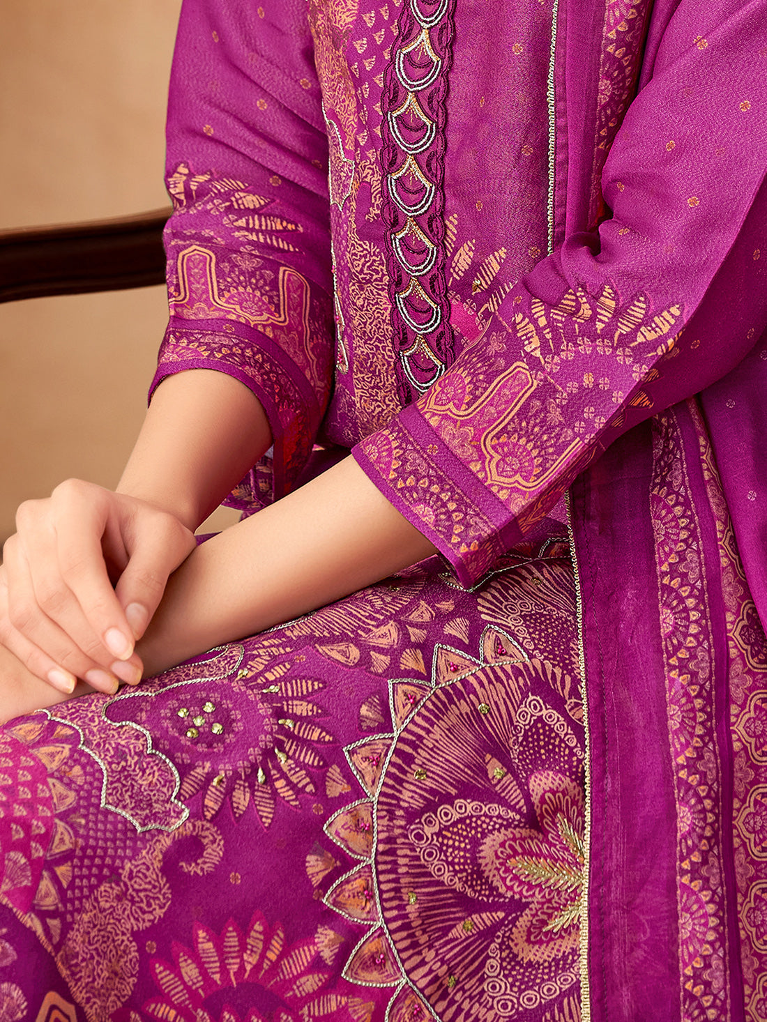 VRUSHTI WINE Simmar Tissue Suit Set With Fancy Handwork & Embroidery