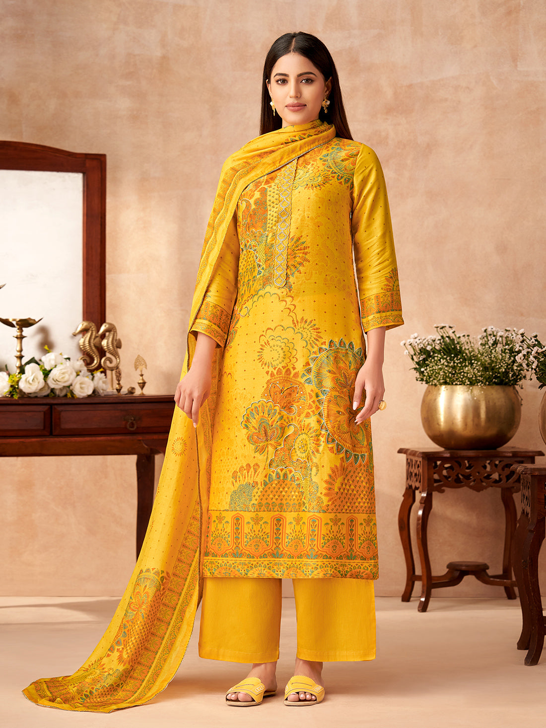VRUSHTI YELLOW Simmar Tissue Unstitched Set With Fancy Handwork & Embroidery